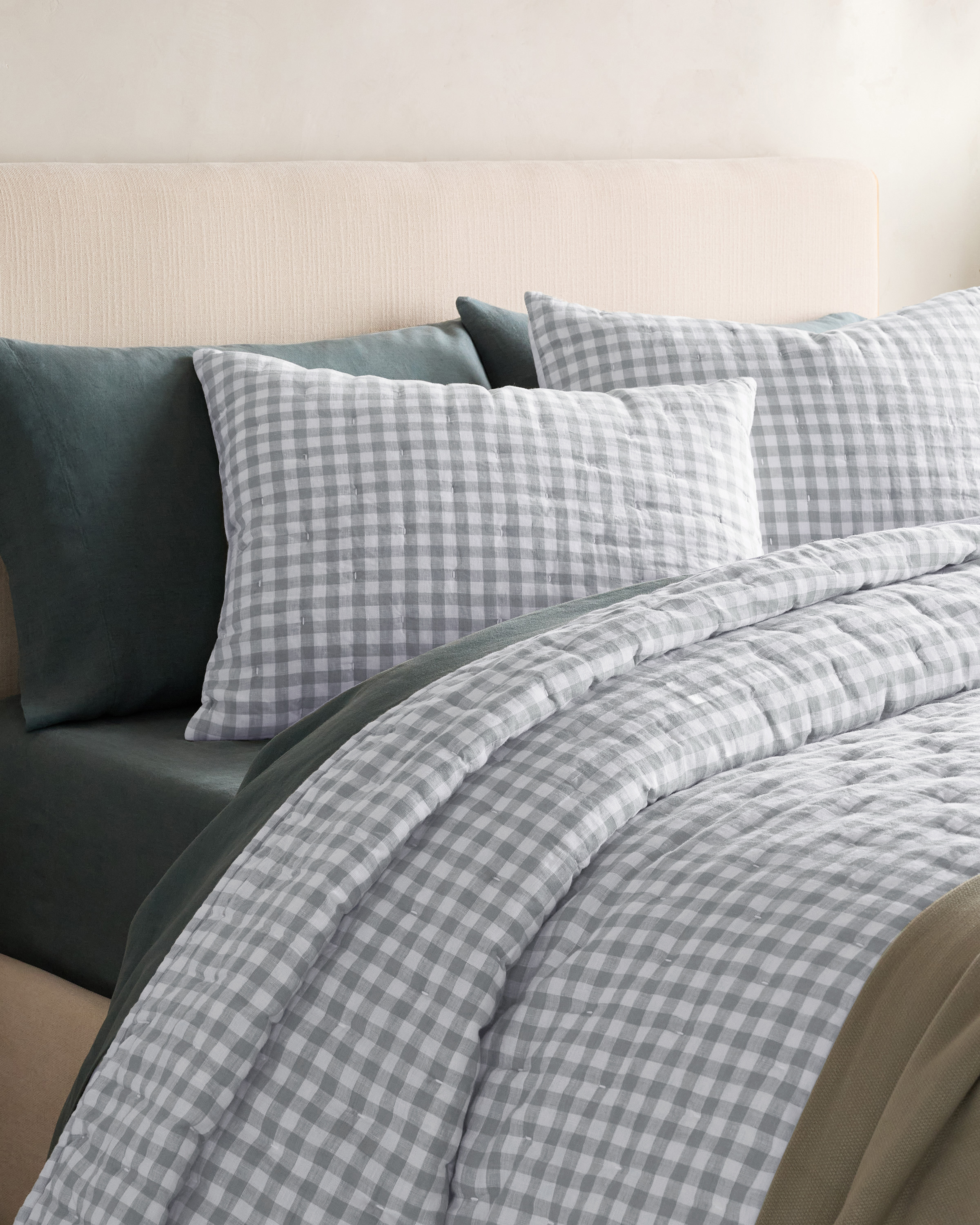 Light Blue Gingham European Linen Patterned Quilted Sham Set