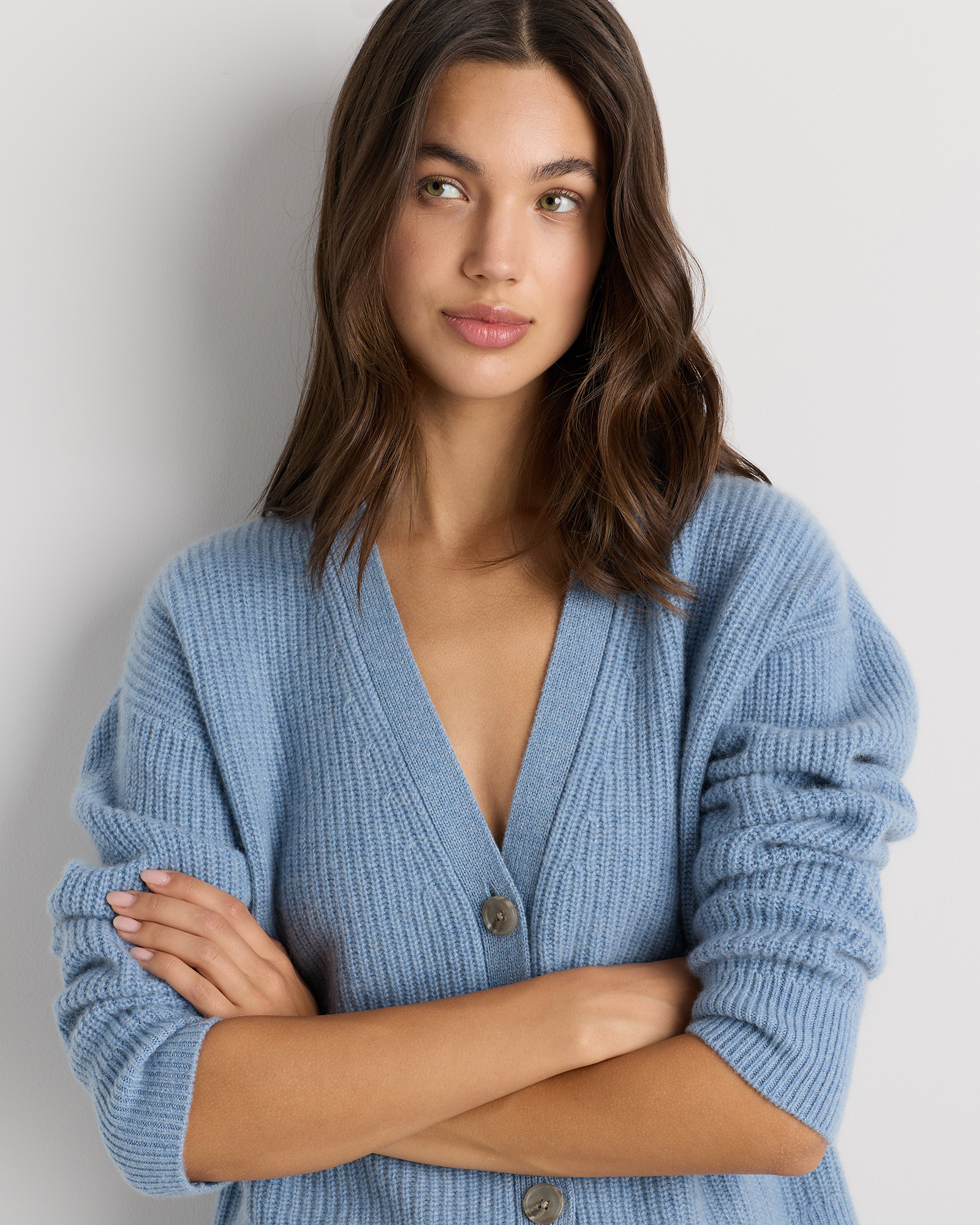 Mongolian Cashmere Fisherman Cropped Boxy Cardigan Sweater in