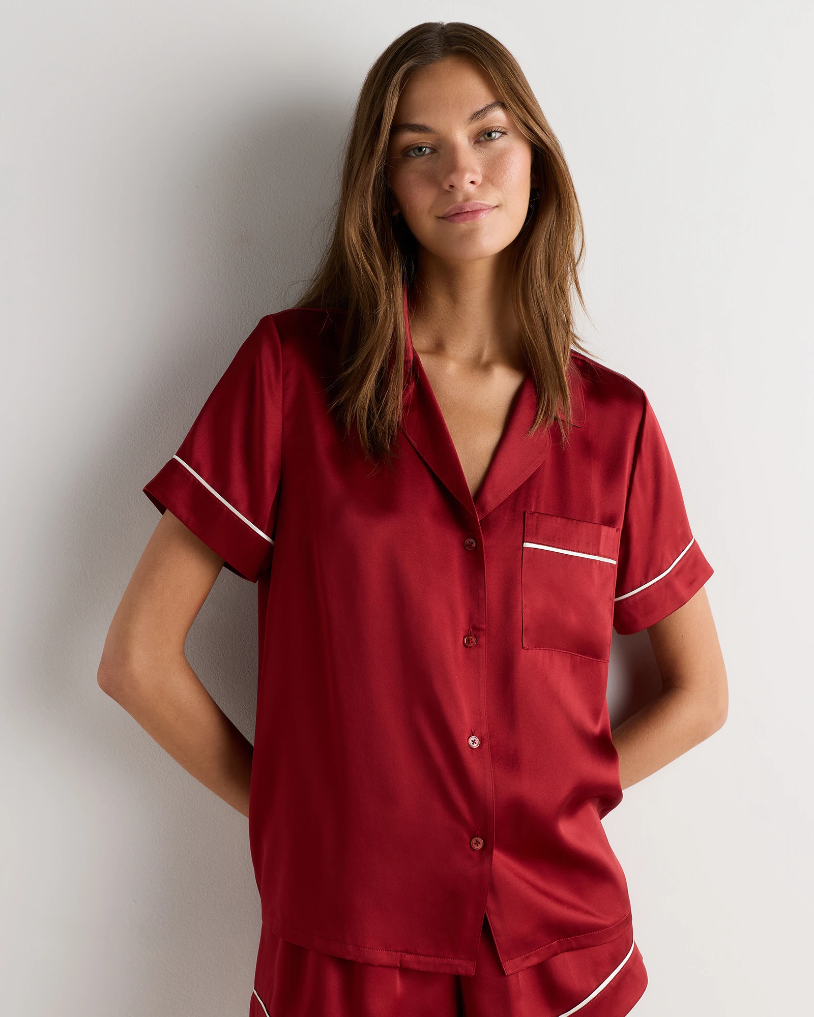 100% Washable Silk Satin Short Sleeve Pajama Top