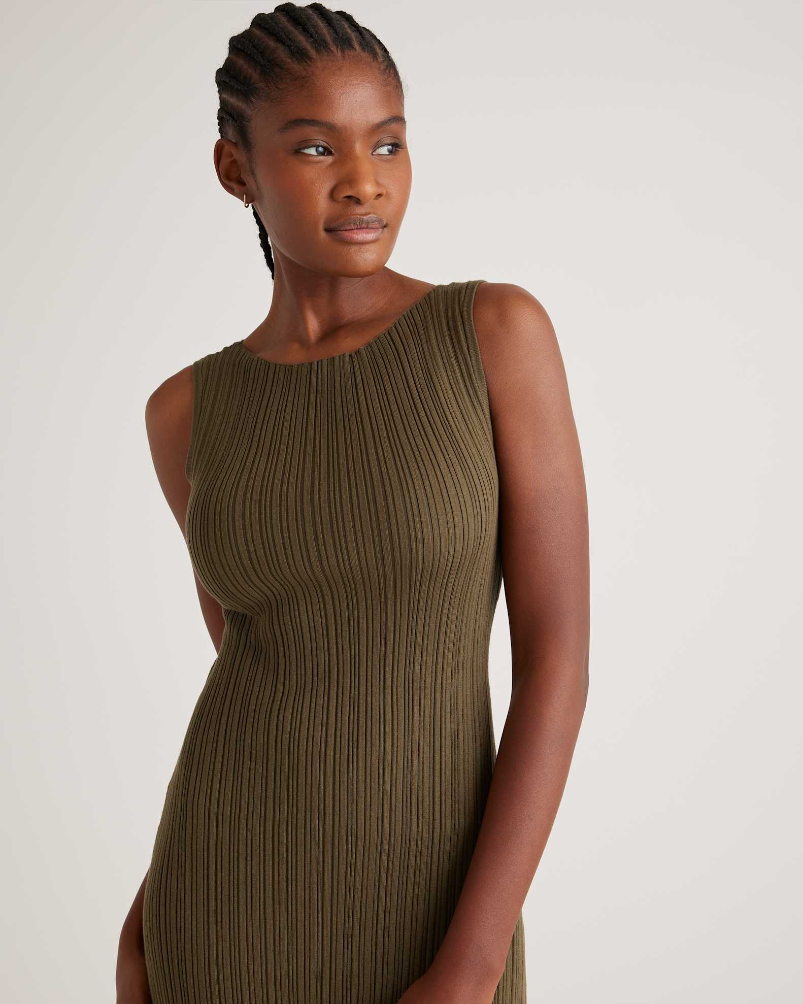Cotton Cashmere Ribbed Sleeveless Midi Dress in Olive Cotton Cashmere Ribbed Sleeveless Midi Dress in Olive