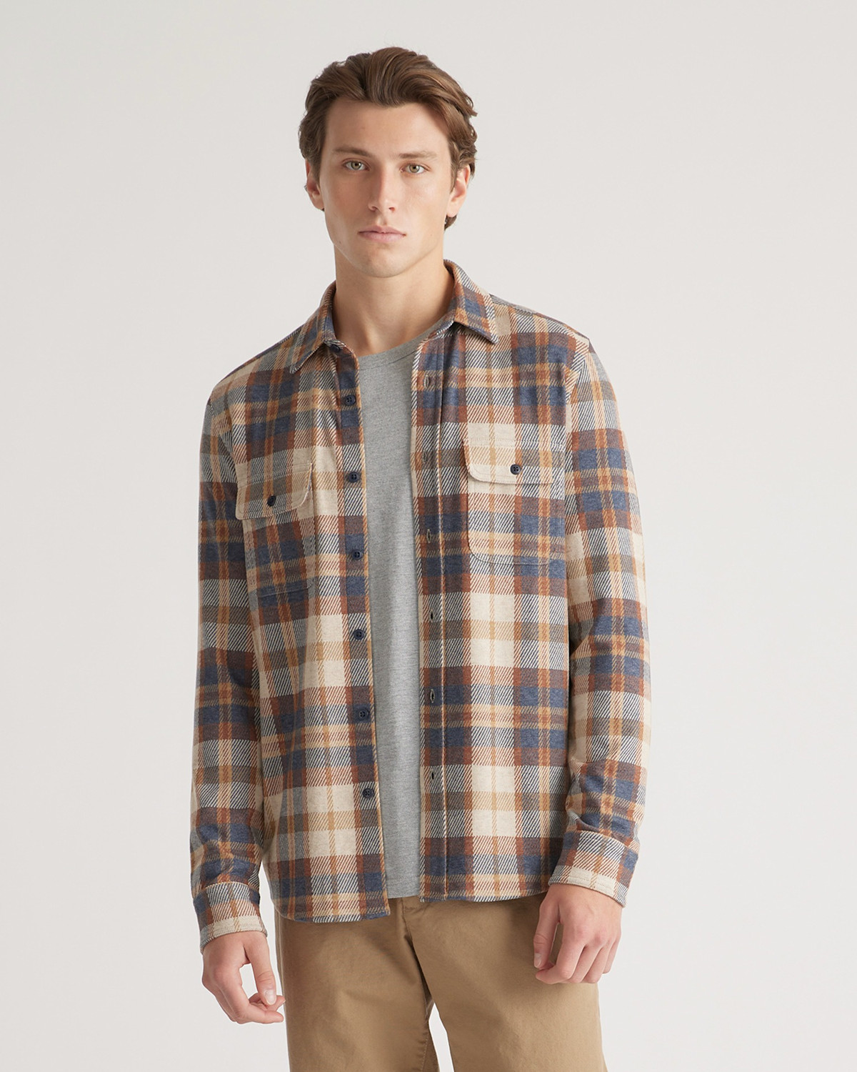 Quince Men's Stretch Sweater Fleece Shirt in Mocha Check