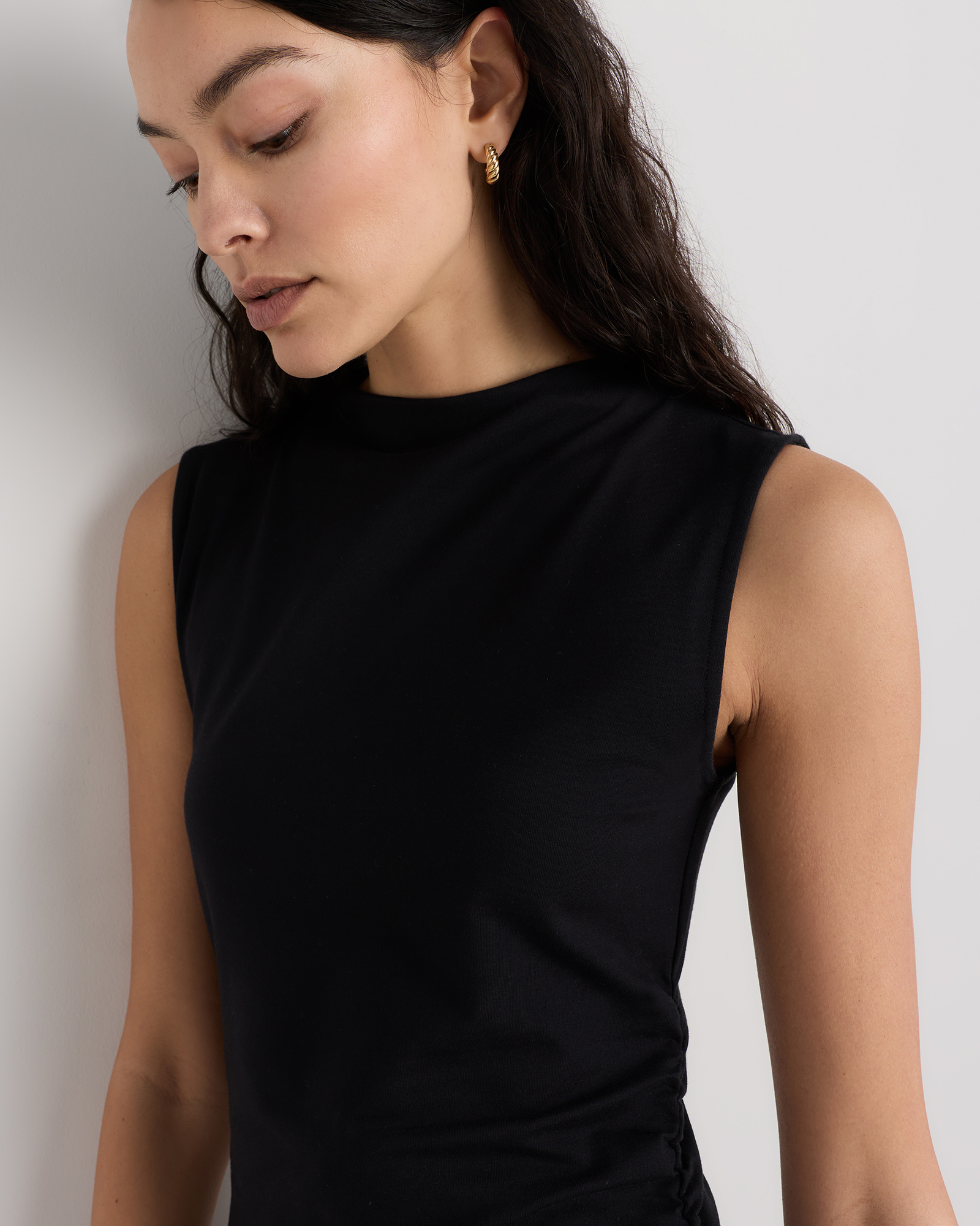 Stretch Cotton Jersey Mock Neck Mini Dress in True Black