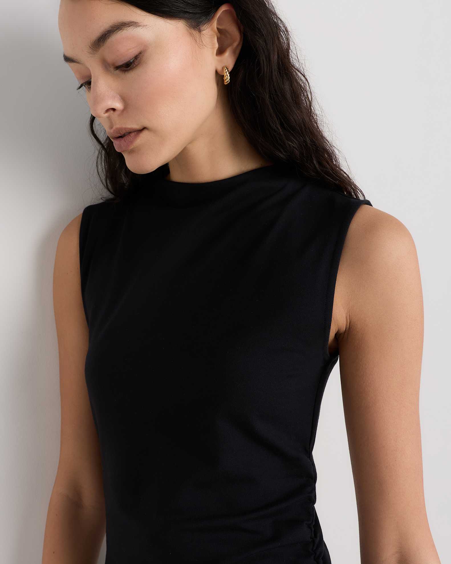 Stretch Cotton Jersey Mock Neck Mini Dress in True Black Stretch Cotton Jersey Mock Neck Mini Dress in True Black