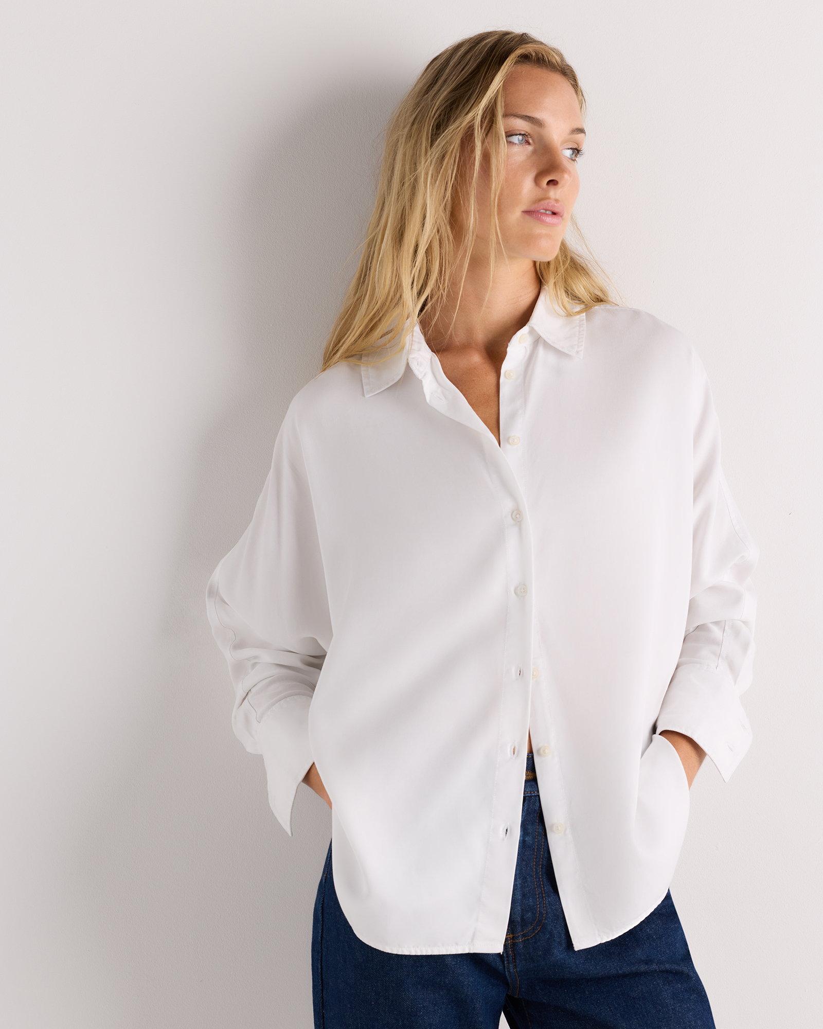 White Vintage Wash Tencel Dolman Long Sleeve Shirt