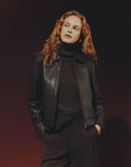 Rich Brown 100% Leather Cropped Zip-Front Jacket