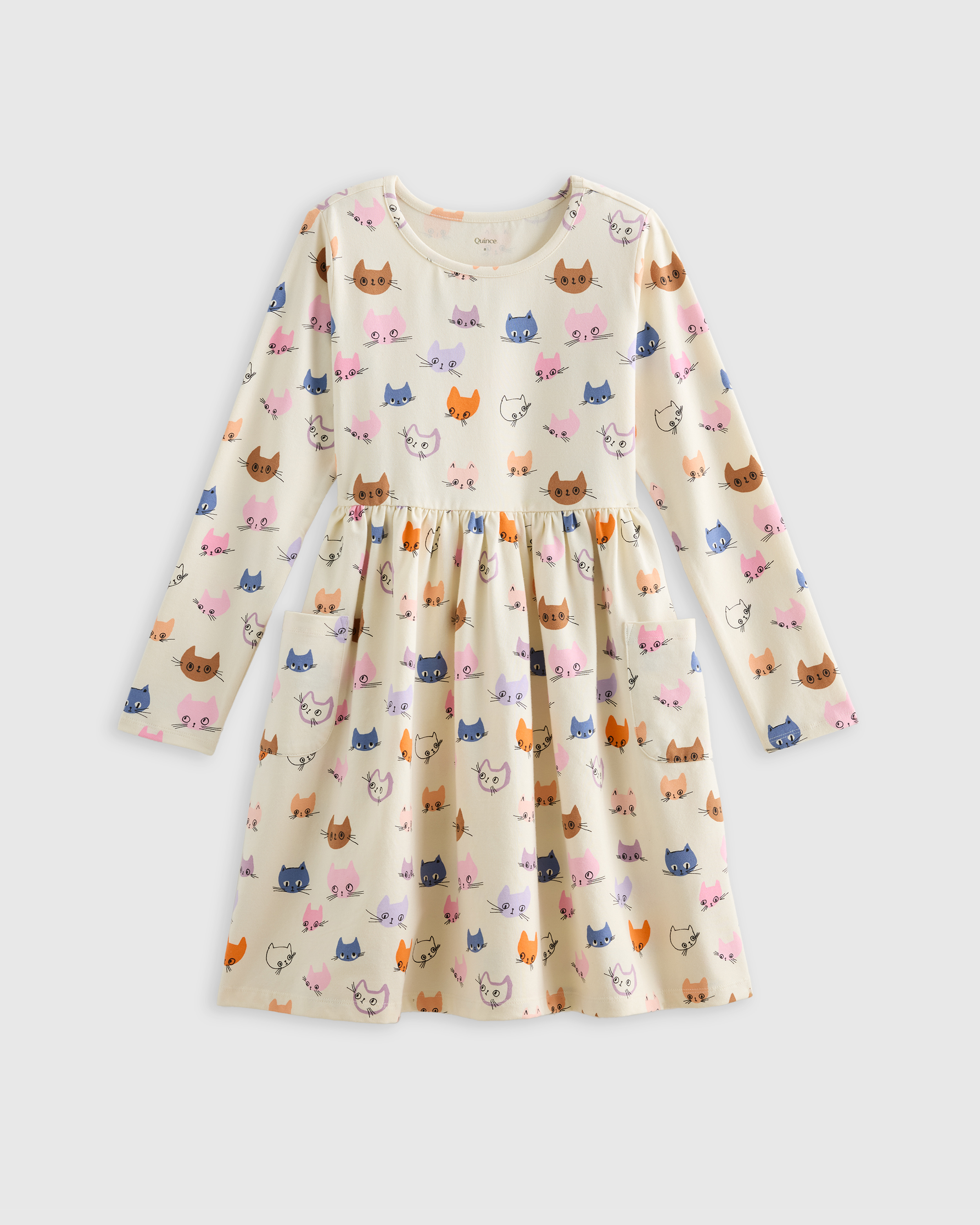 Cat Faces Organic Cotton Long Sleeve Fit and Flare Pocket Dress 