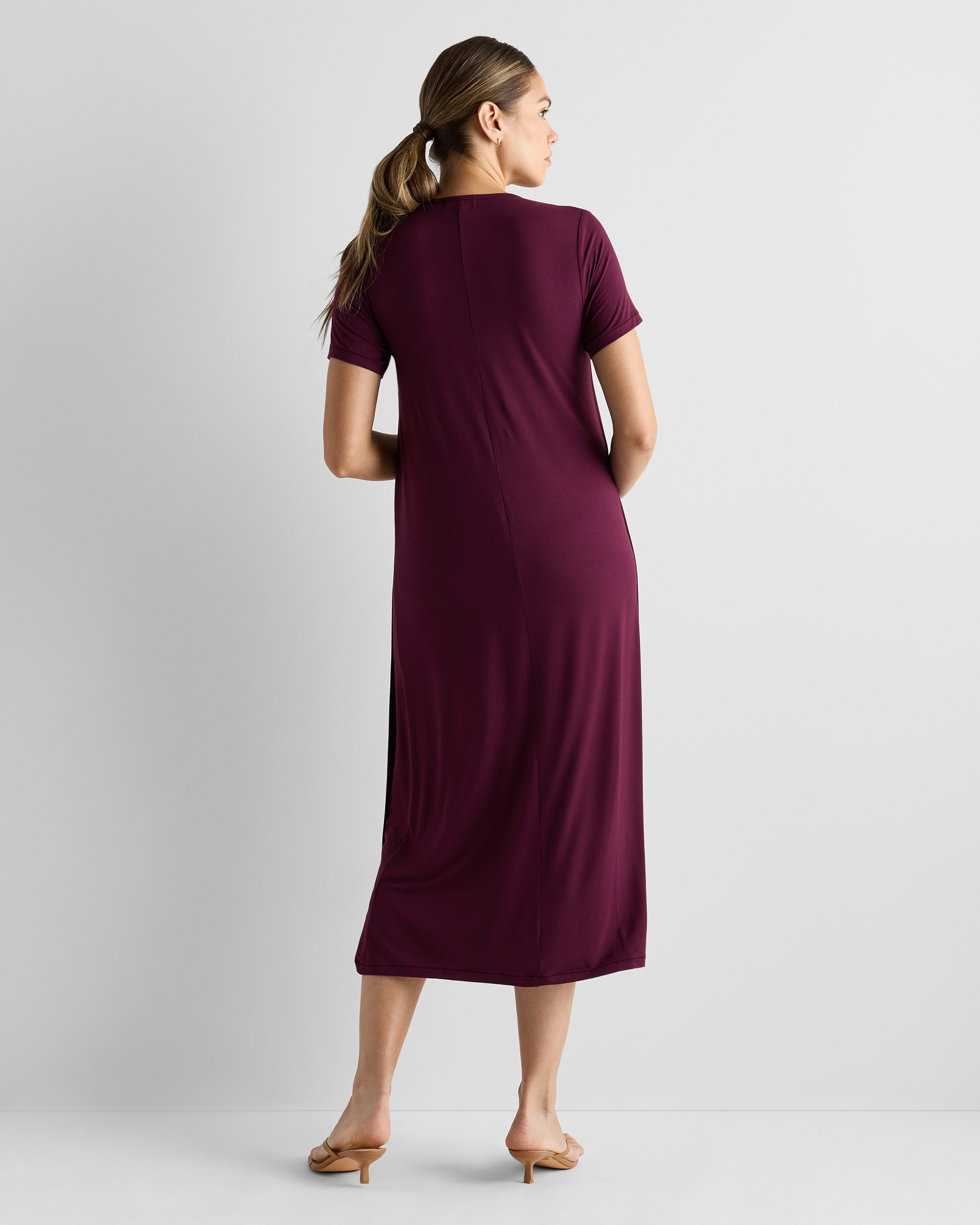 Bamboo Jersey Maternity & Nursing T-Shirt Dress in Wine Tasting Red