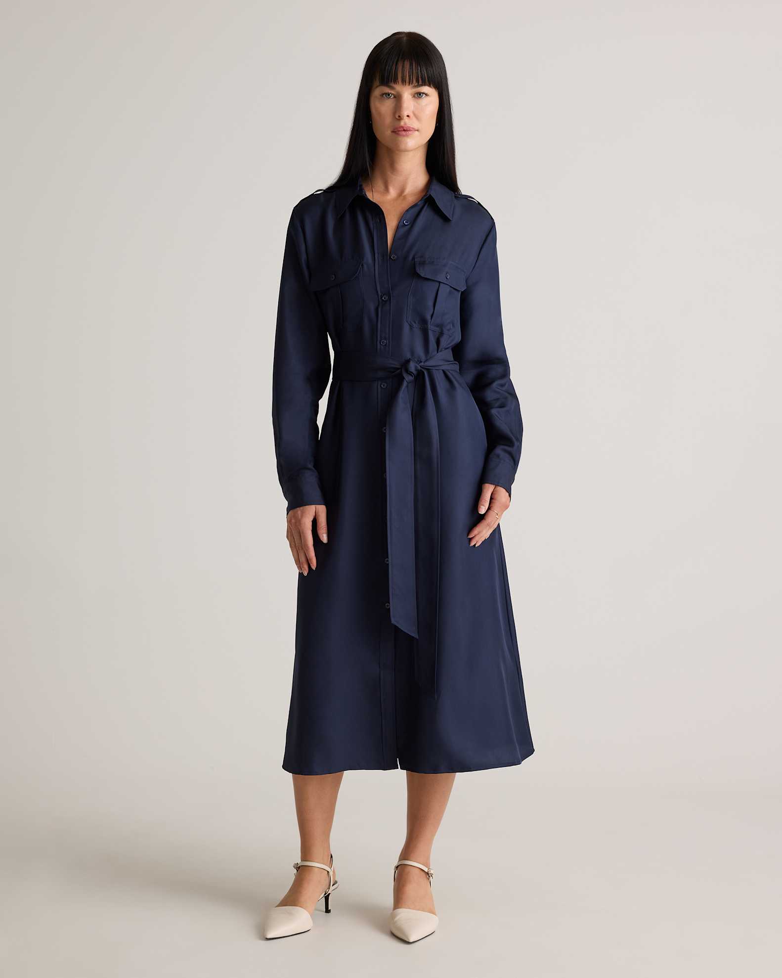 100% Silk Twill Utility Shirt Dress in Deep Navy 100% Silk Twill Utility Shirt Dress in Deep Navy