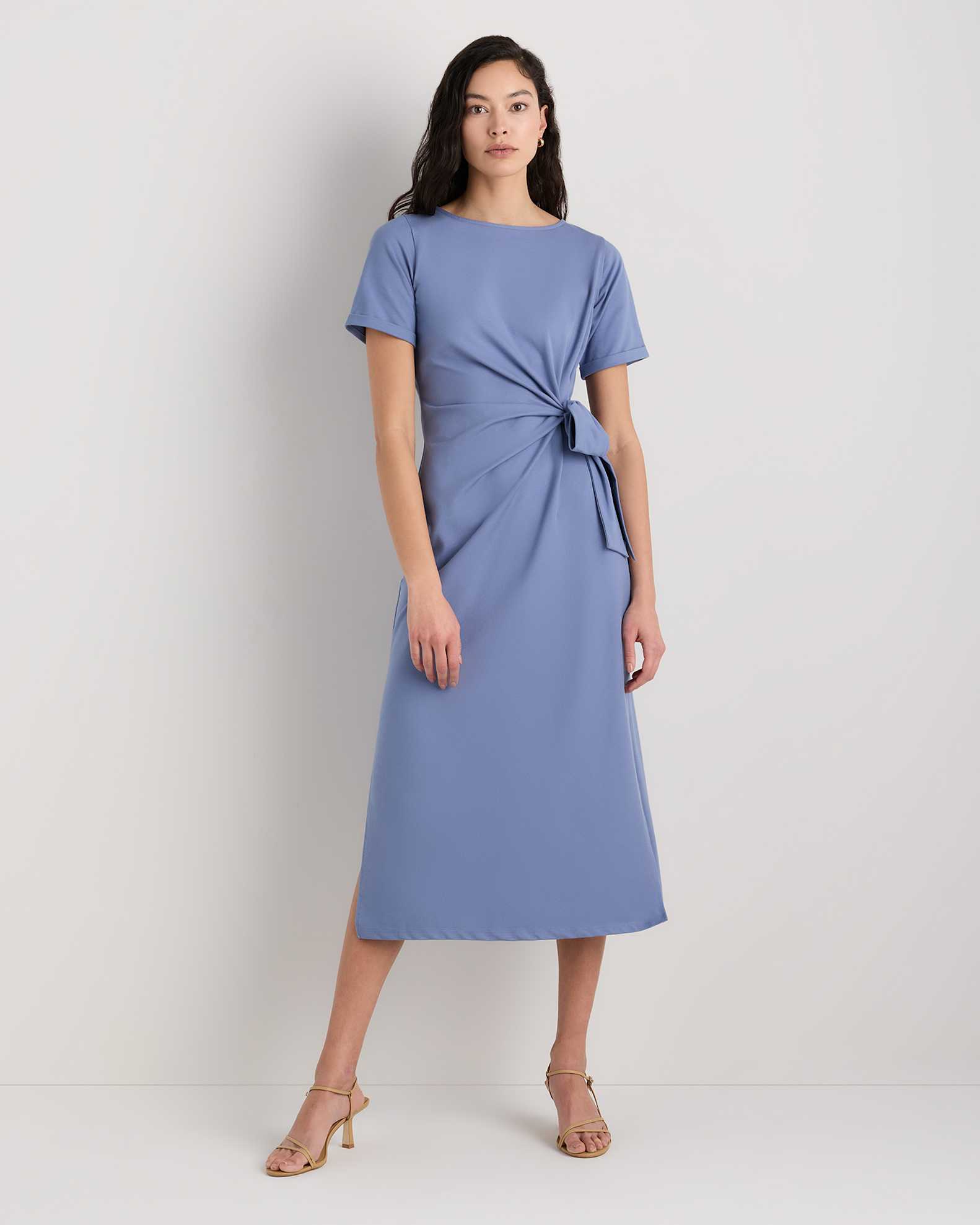Stretch Cotton Jersey Side Tie Midi Dress in Moonstone Blue Stretch Cotton Jersey Side Tie Midi Dress in Moonstone Blue