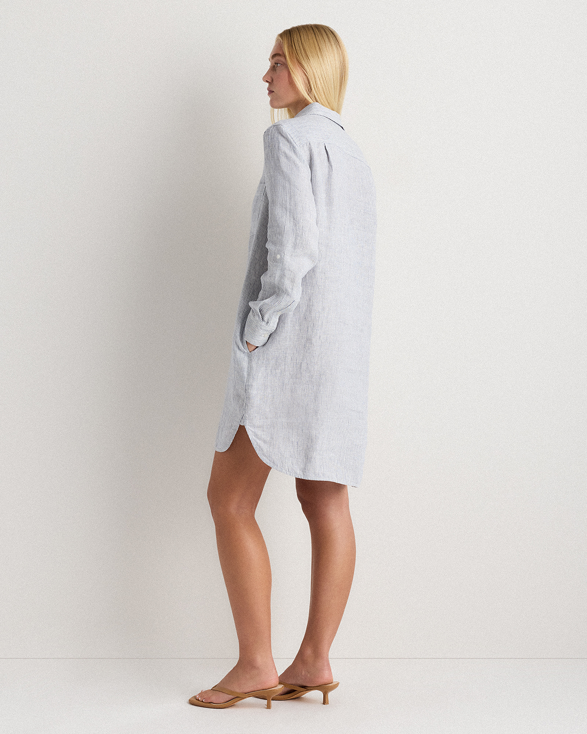 linen shirt dress canada Quince Women's Shirt Dress in Blue Pinstripe, Medium Size