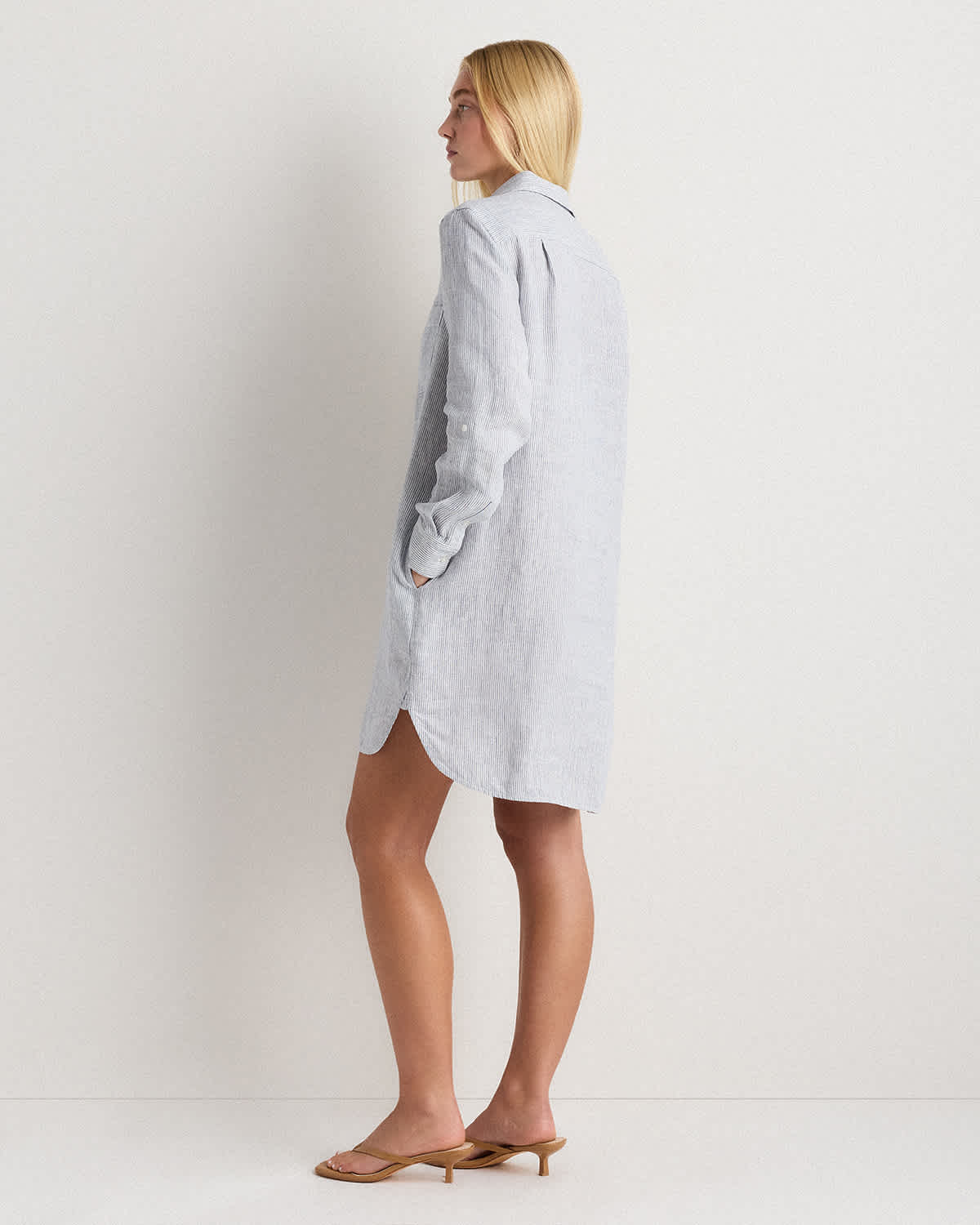100% European Linen Shirt Dress in Blue Pinstripe 100% European Linen Shirt Dress in Blue Pinstripe