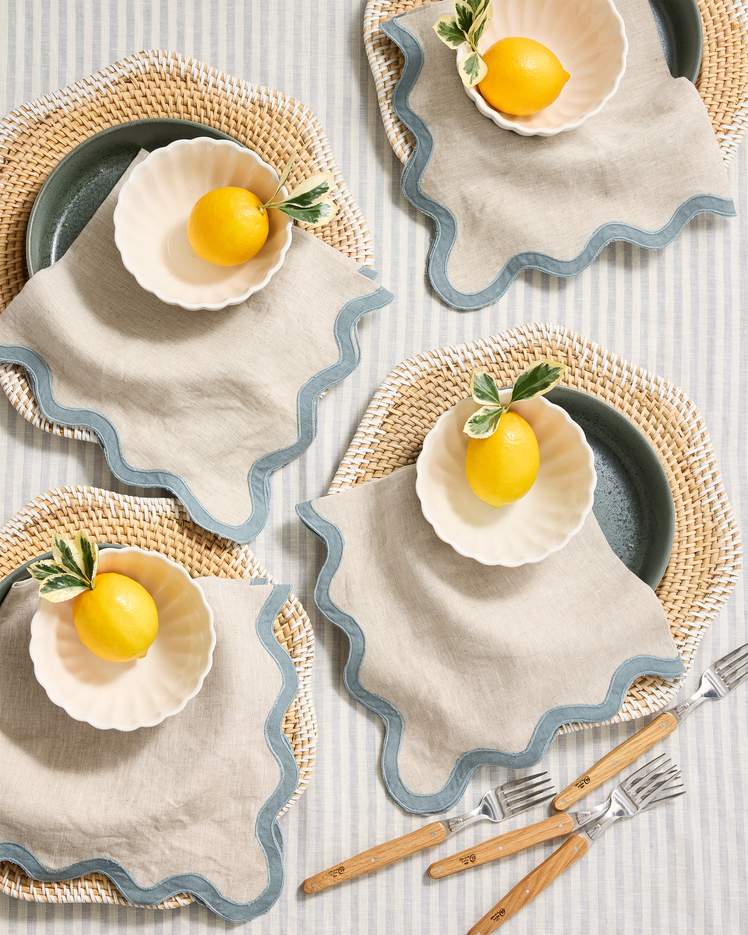 European Linen Scallop Edge Napkins (Set of 12) - Flax/Dusty Blue