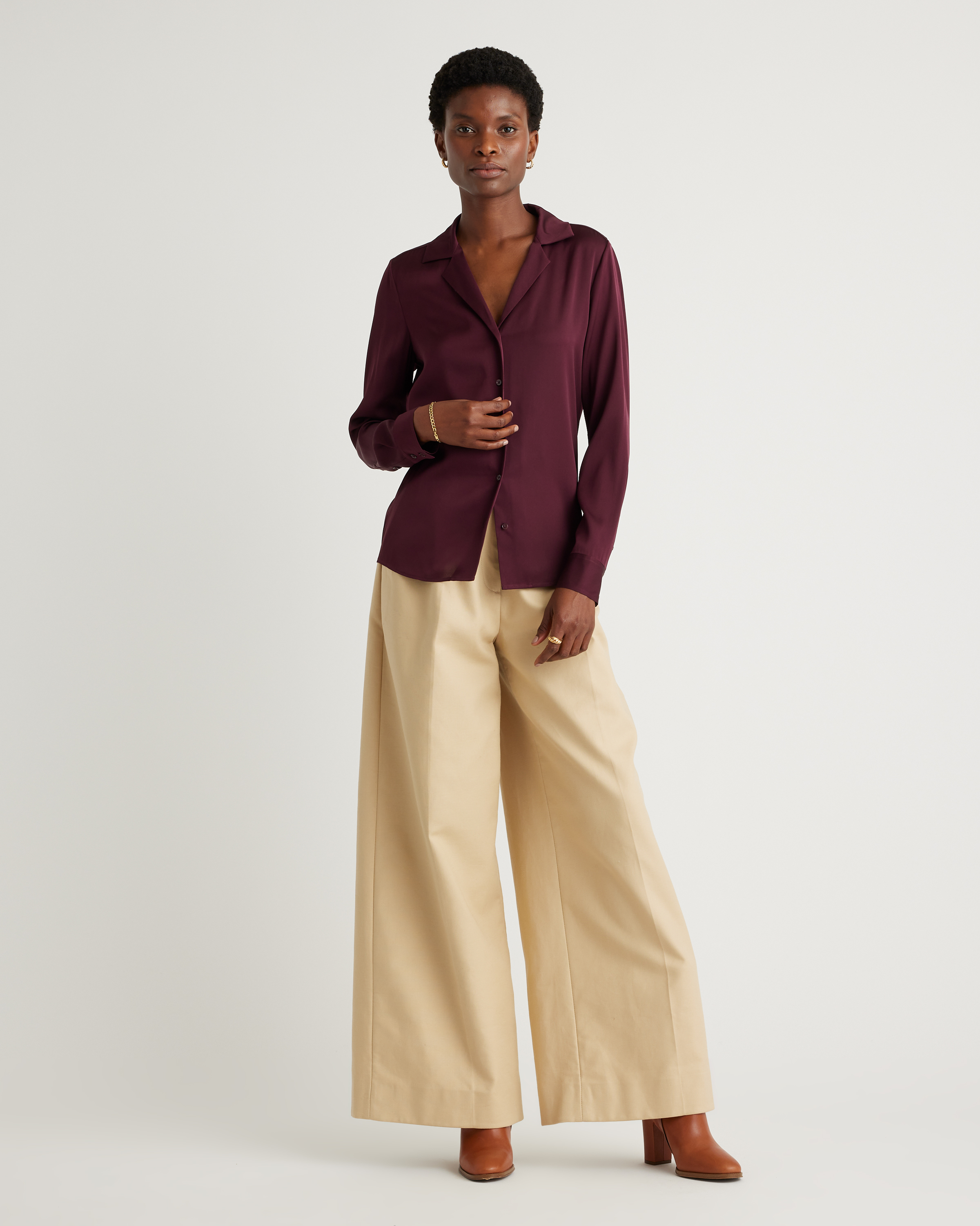 Washable Stretch Silk Notch Collar Blouse in Wine Tasting Red