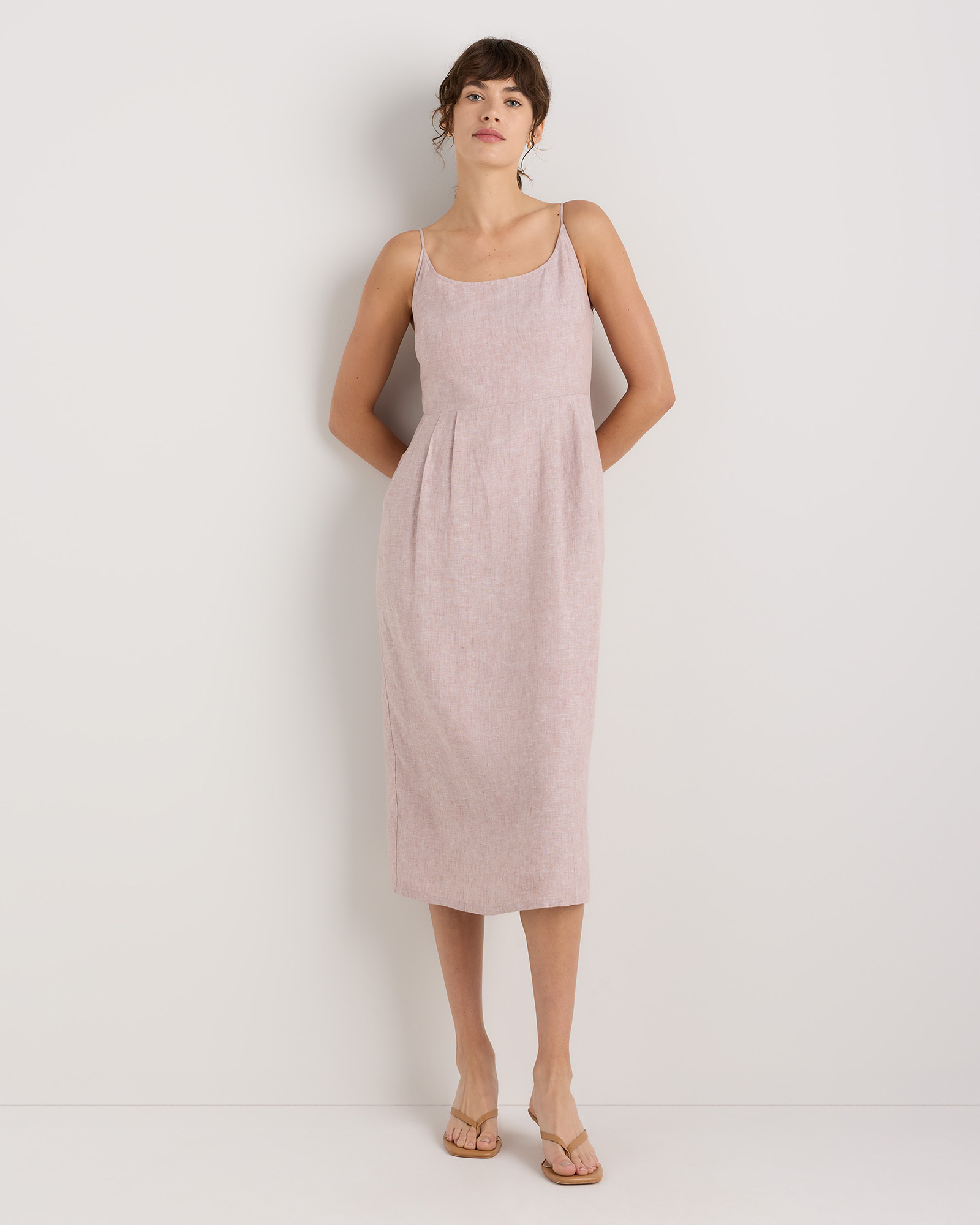 Vintage Pink Chambray 100% European Linen Scoop Neck Midi Dress