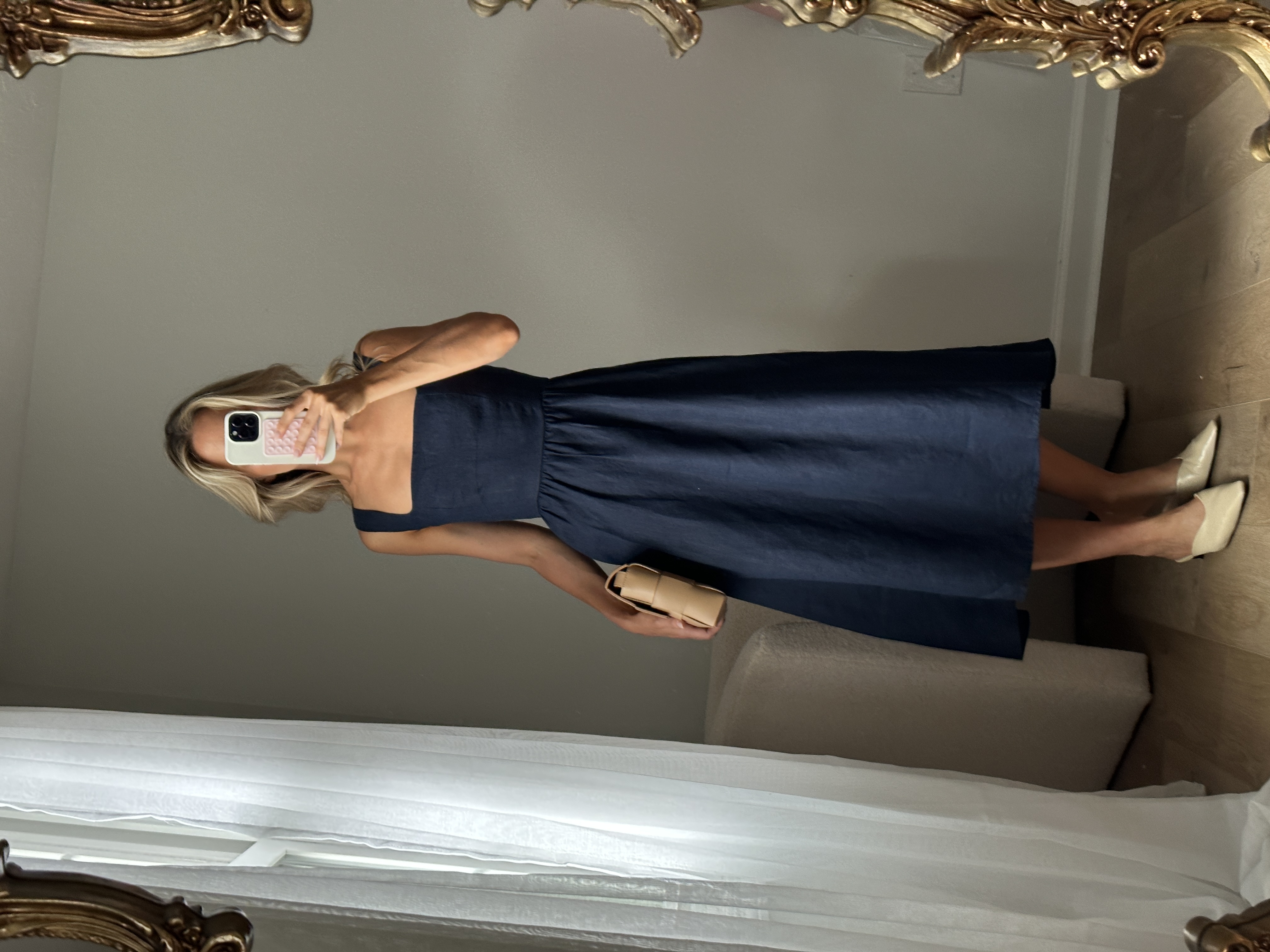 Deep Navy 100% European Linen Fit & Flare Midi Dress