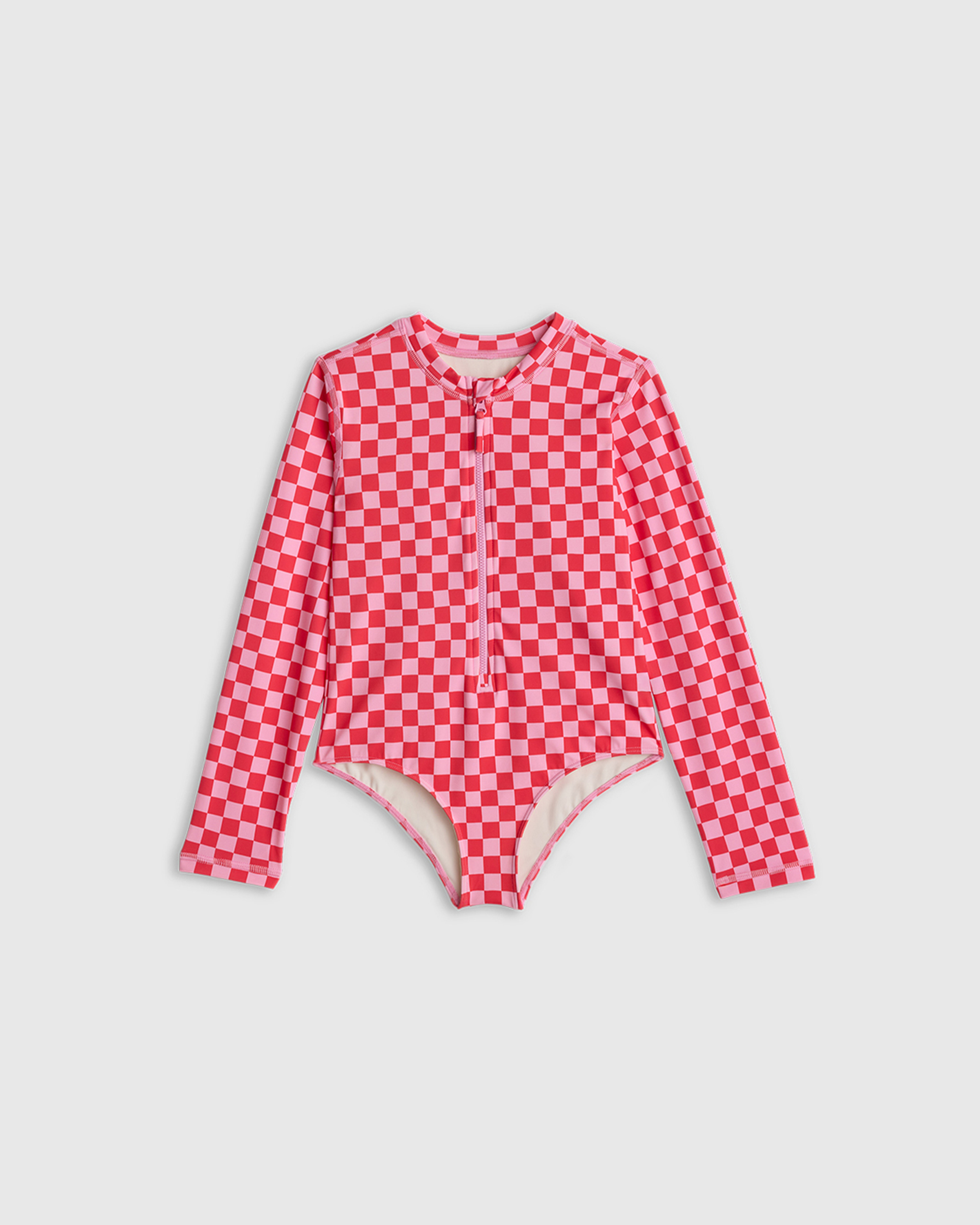 Pink Check Long Sleeve Zip-Up Swimsuit