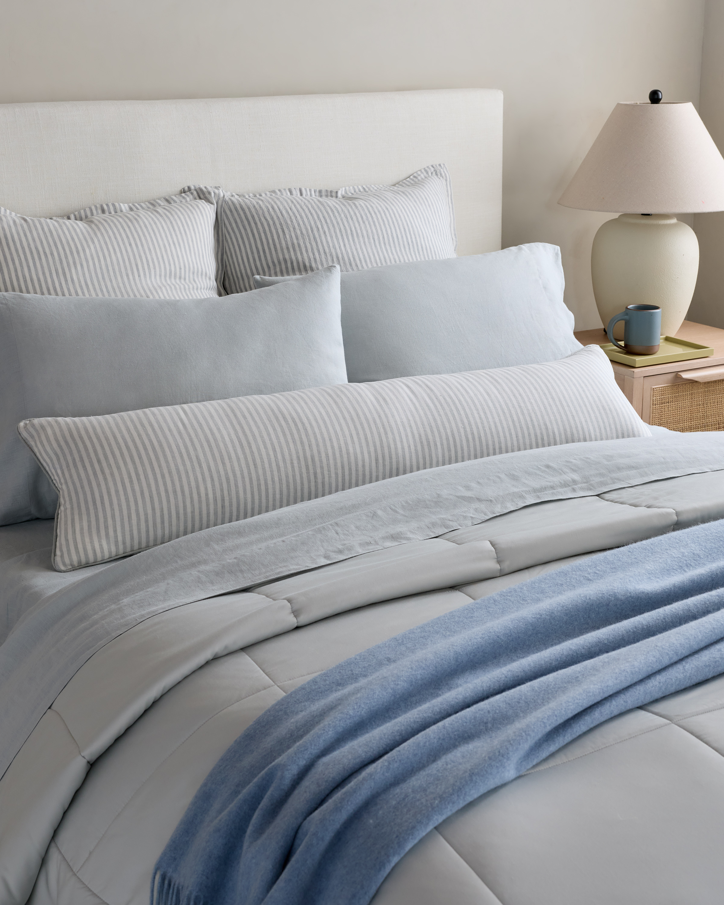 Mist/White Stripe Piped Linen Stripe Oversized Lumbar Pillow Cover