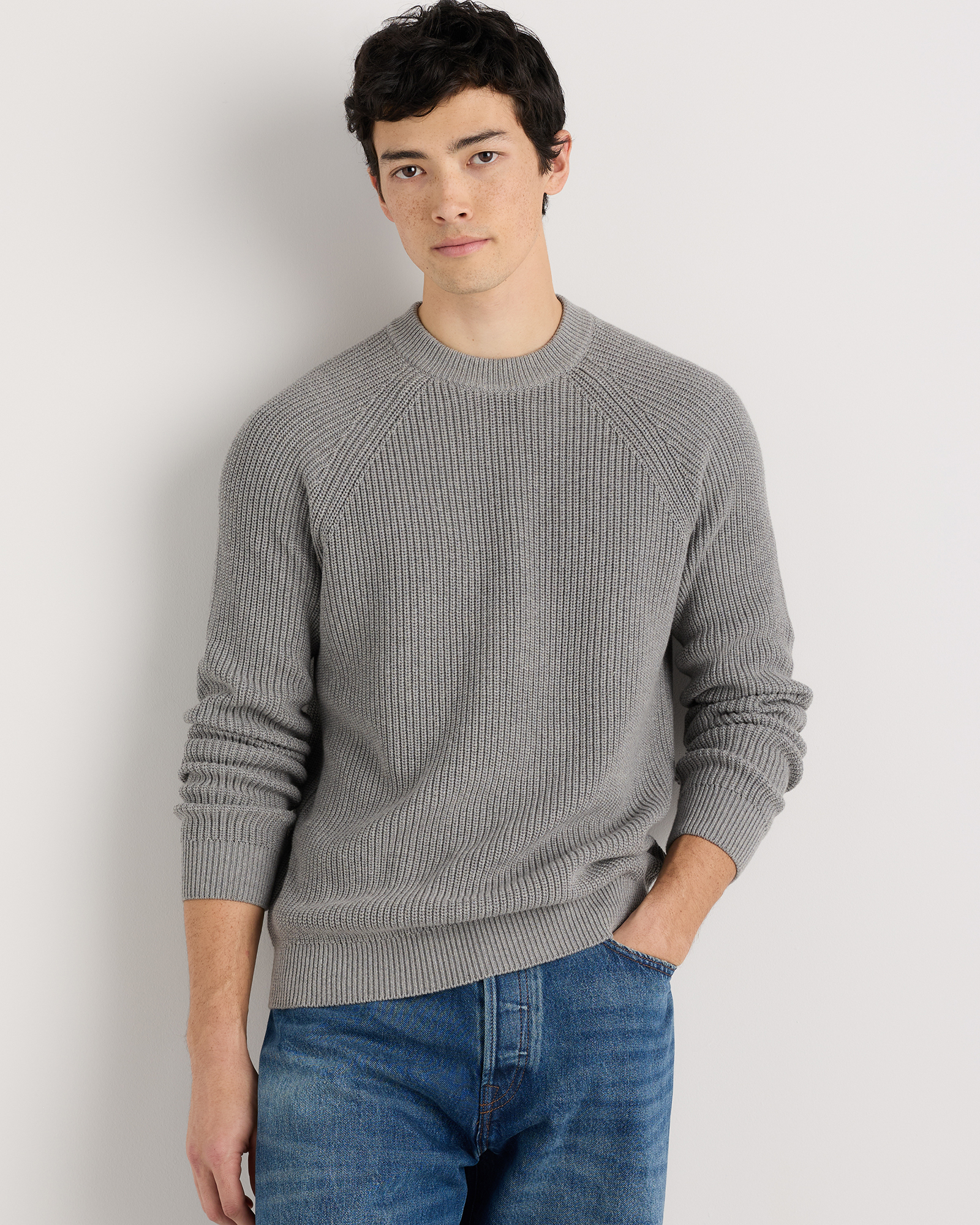 Mid Heather Grey 100% Organic Cotton Ribbed Crewneck Sweater