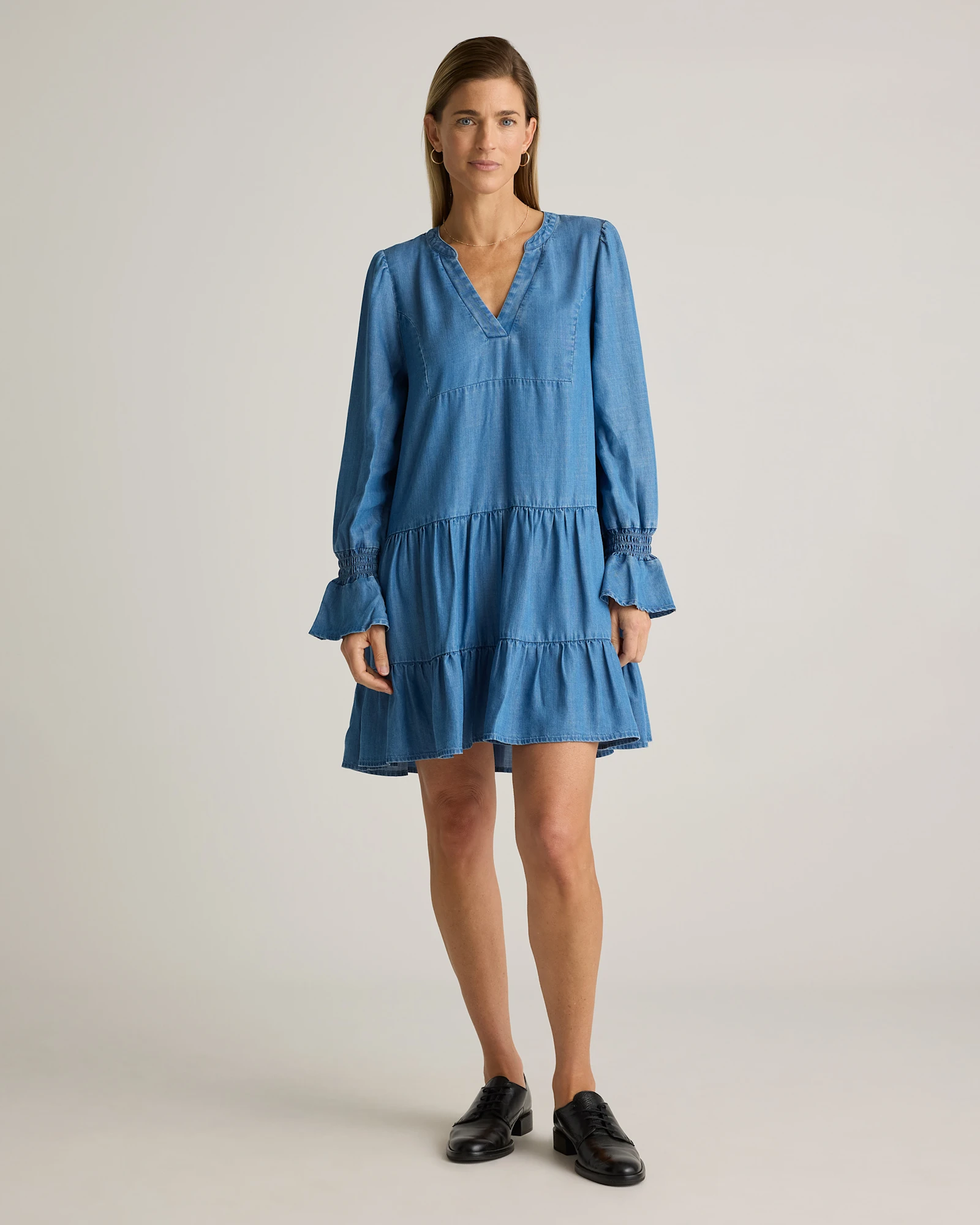Chambray Tencel Tiered Long Sleeve Mini Dress