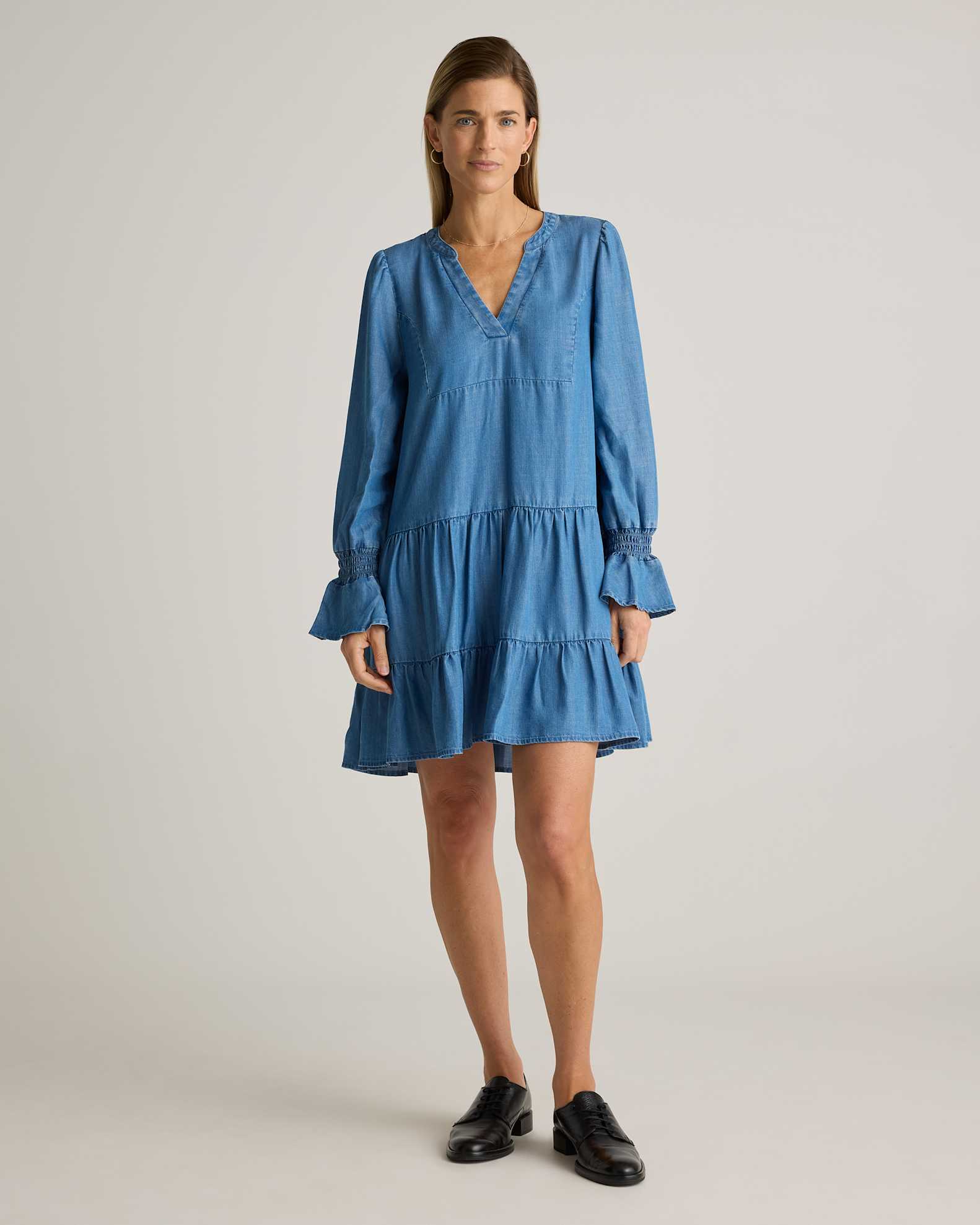 Chambray Tencel Tiered Long Sleeve Mini Dress in Medium Indigo Chambray Tencel Tiered Long Sleeve Mini Dress in Medium Indigo