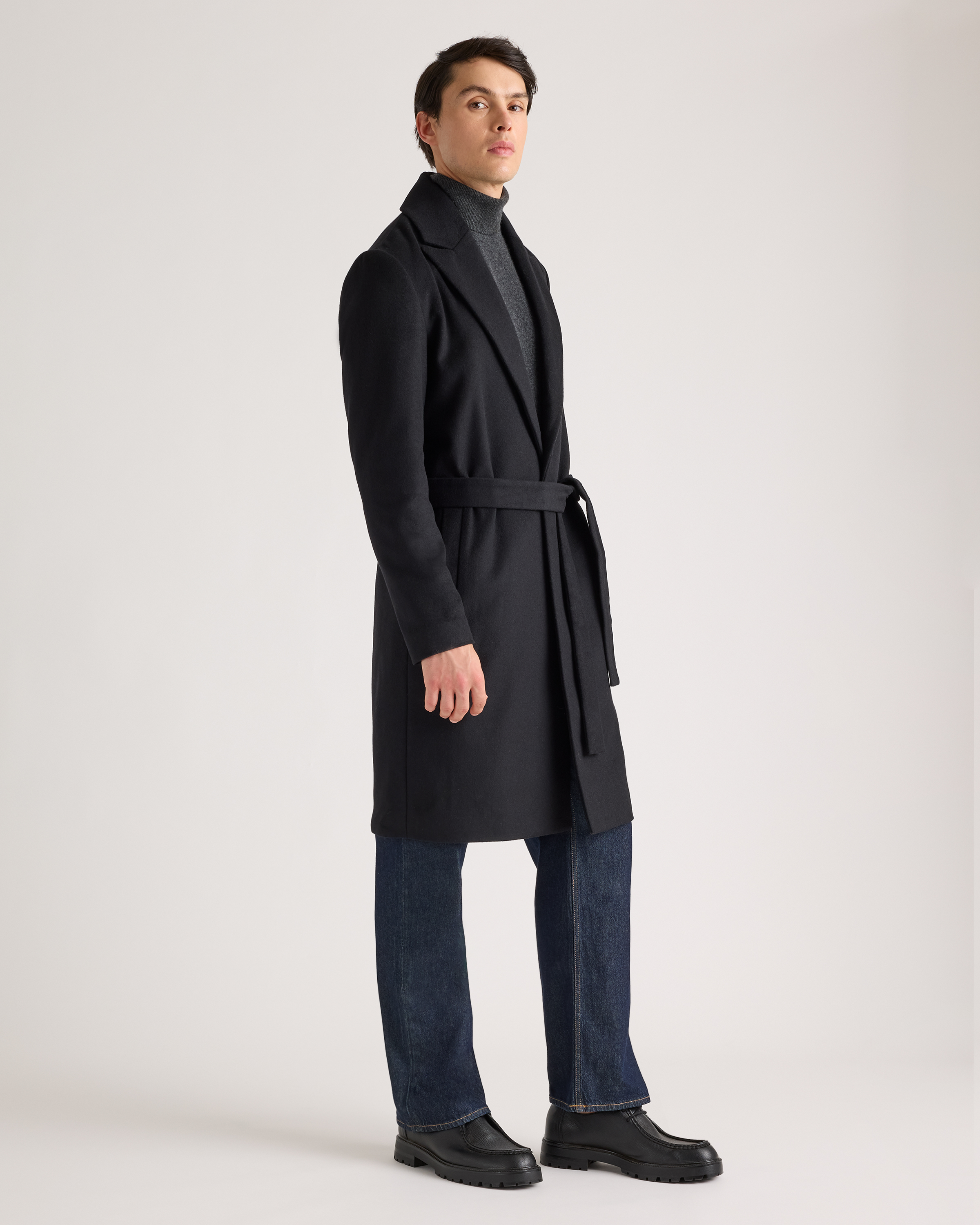 Italian Wool Belted Overcoat in Black