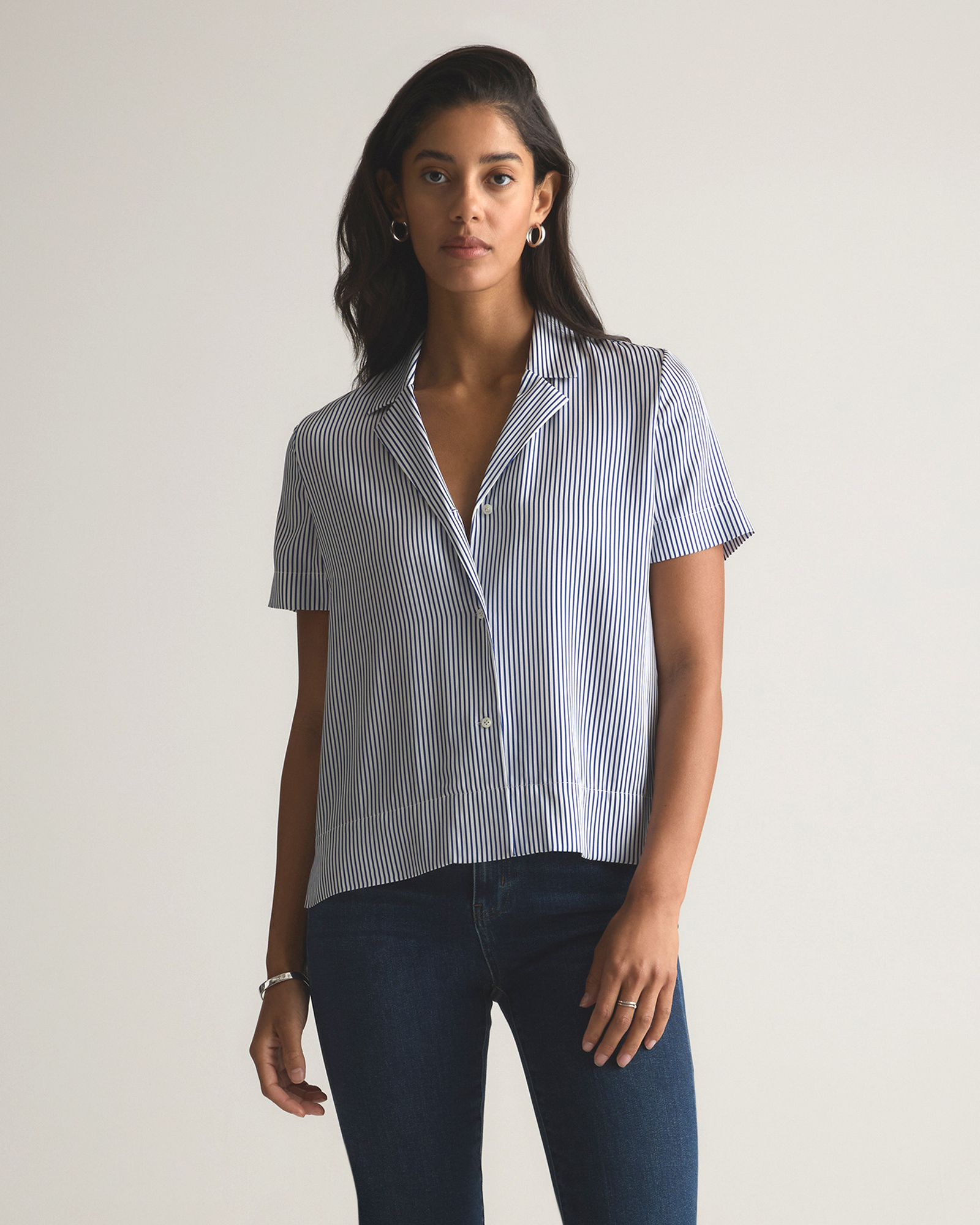 Quince Women's Washable Stretch Silk Short Sleeve Notch Collar Blouse In Multi