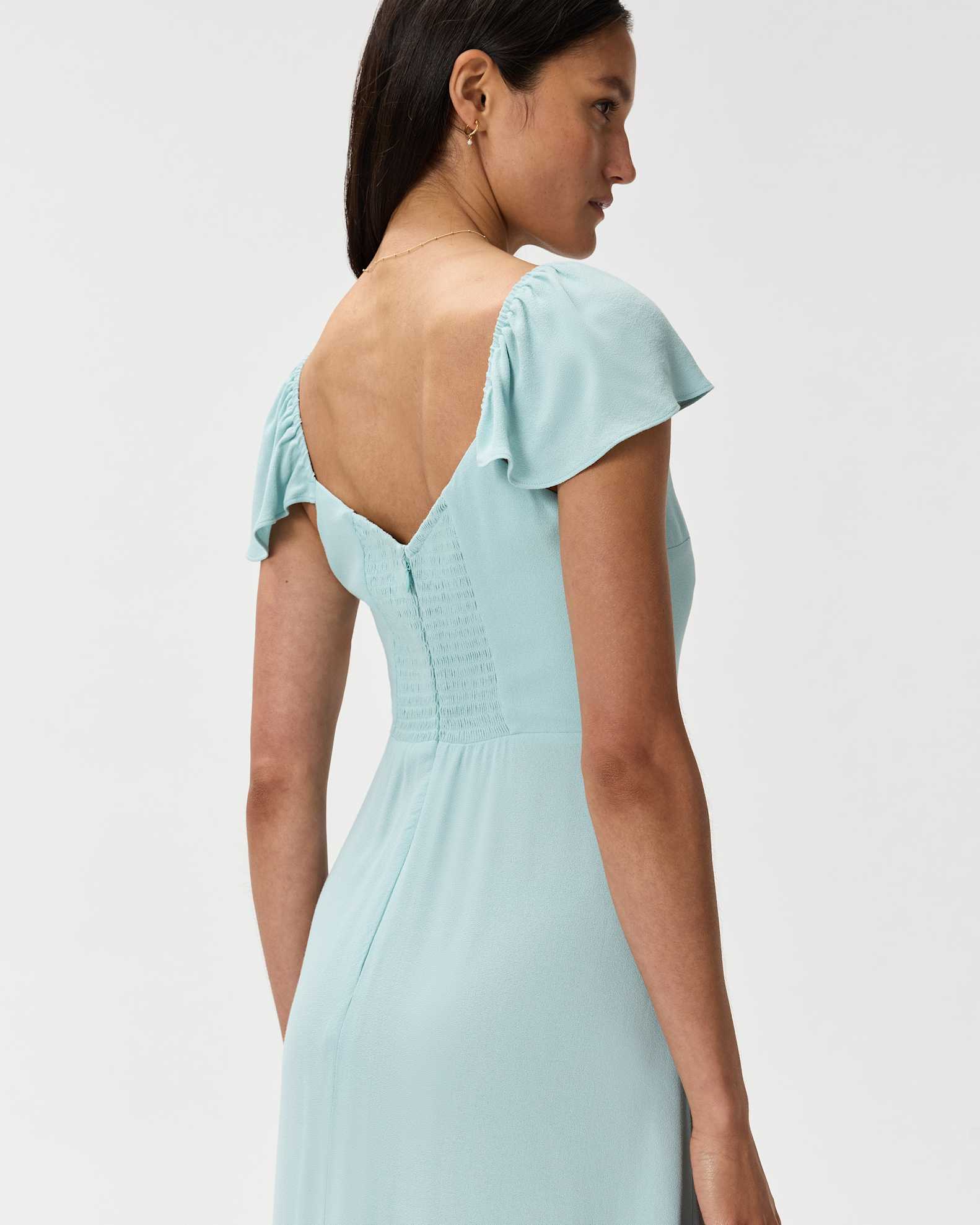 Women's Lightweight Crepe Flutter Sleeve Midi Dress in Aqua Pearl, Size XS, Viscose by Quince Women's Lightweight Crepe Flutter Sleeve Midi Dress in Aqua Pearl, Size XS, Viscose by Quince