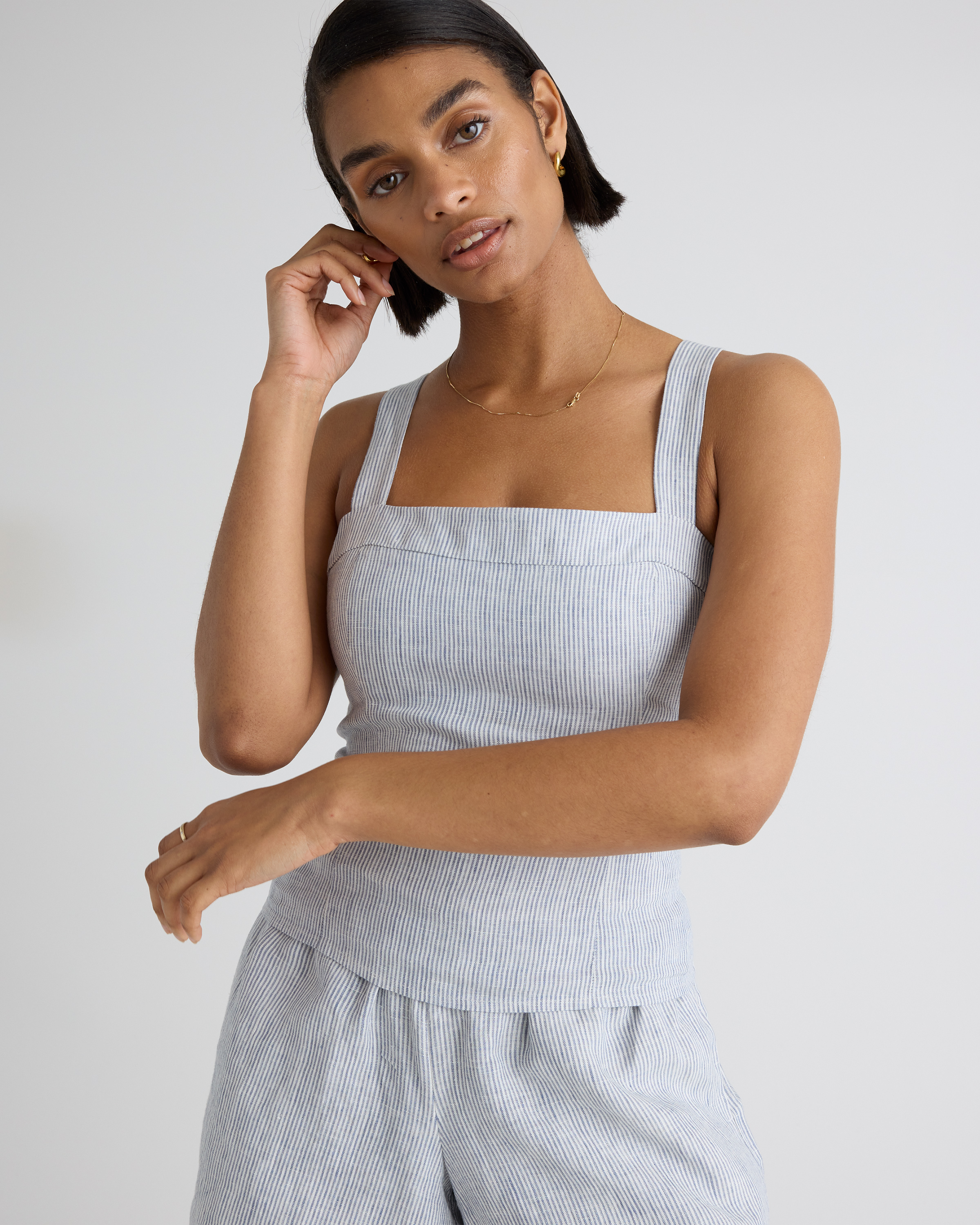 100% European Linen High Waisted Short in Blue Pinstripe
