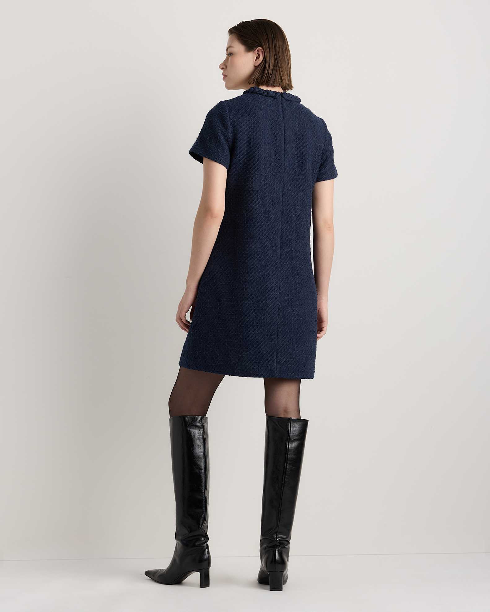 Tweed Short Sleeve Mini Dress in Deep Navy Tweed Short Sleeve Mini Dress in Deep Navy