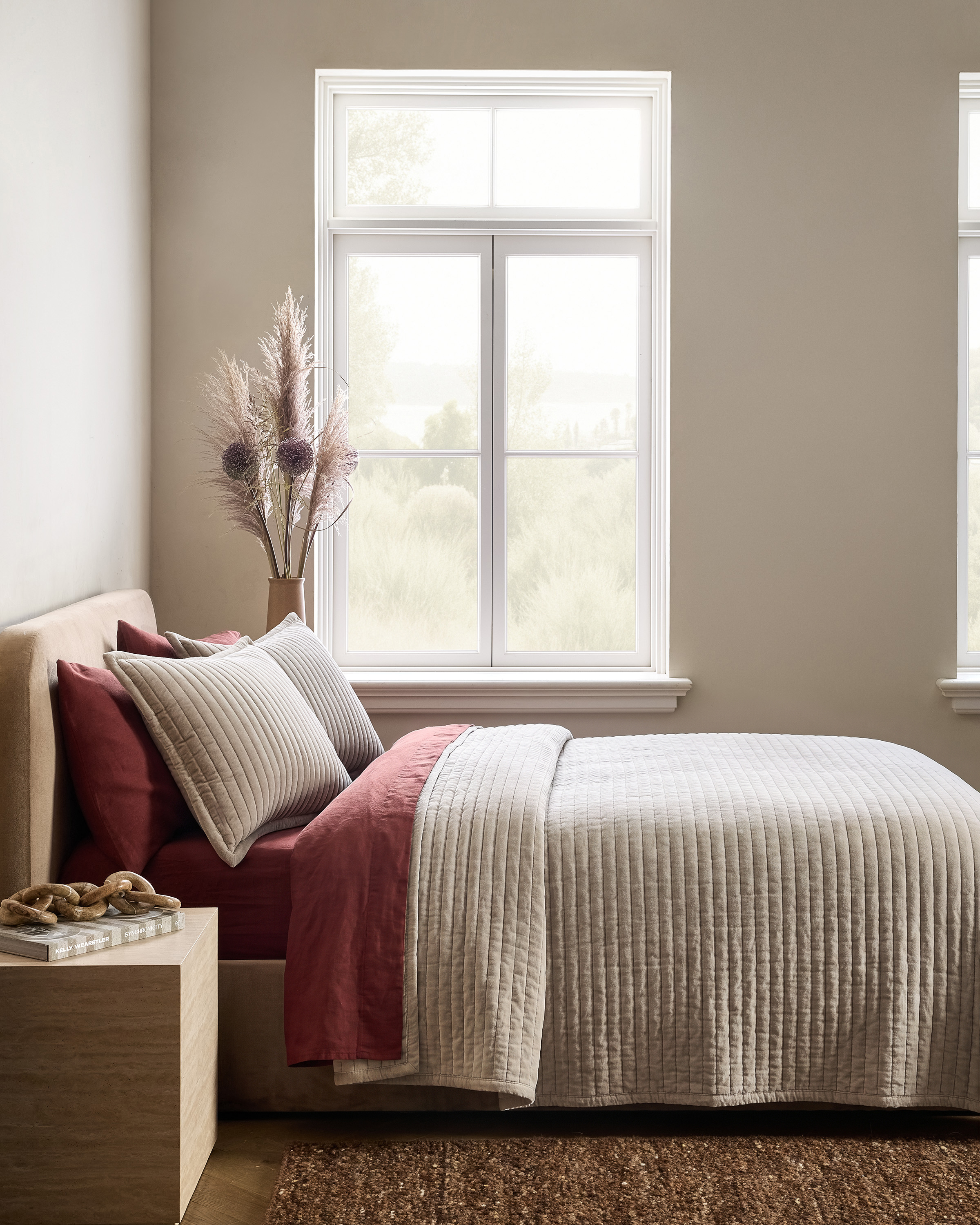 Light Taupe Cotton Velvet Horizontal Channel Quilt Set