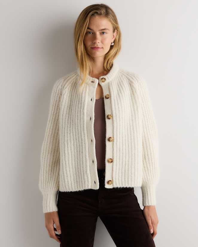Ecru Mist Ivory Lofty Baby Alpaca Chunky Crew Cardigan