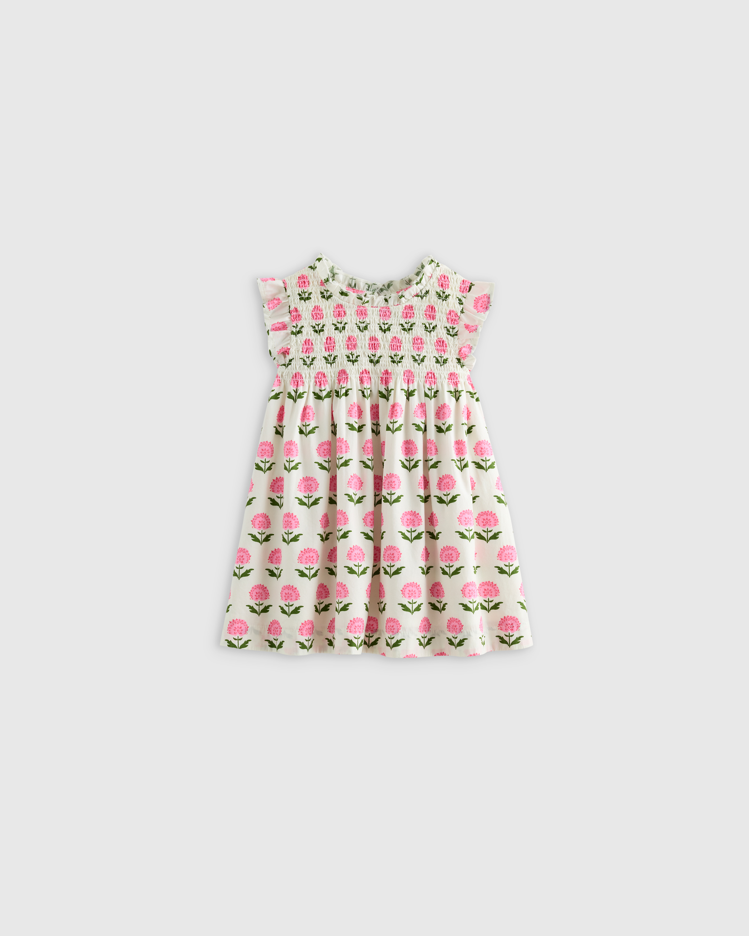 Pink Woodblock Floral 100% Organic Cotton Poplin Smocked Flutter Sleeve Dress