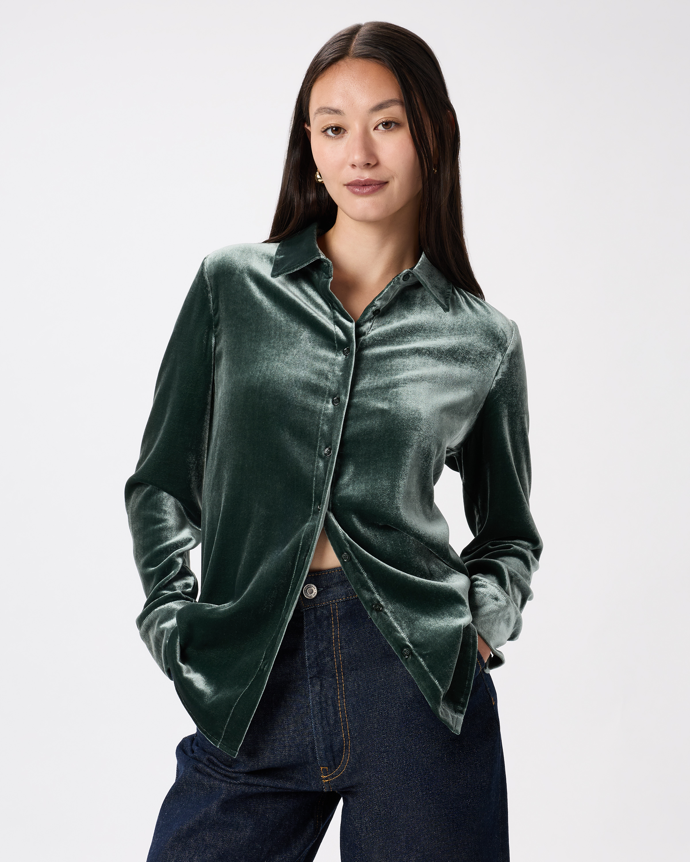 Forest Green Chemise à manches longues en velours extensible de soie