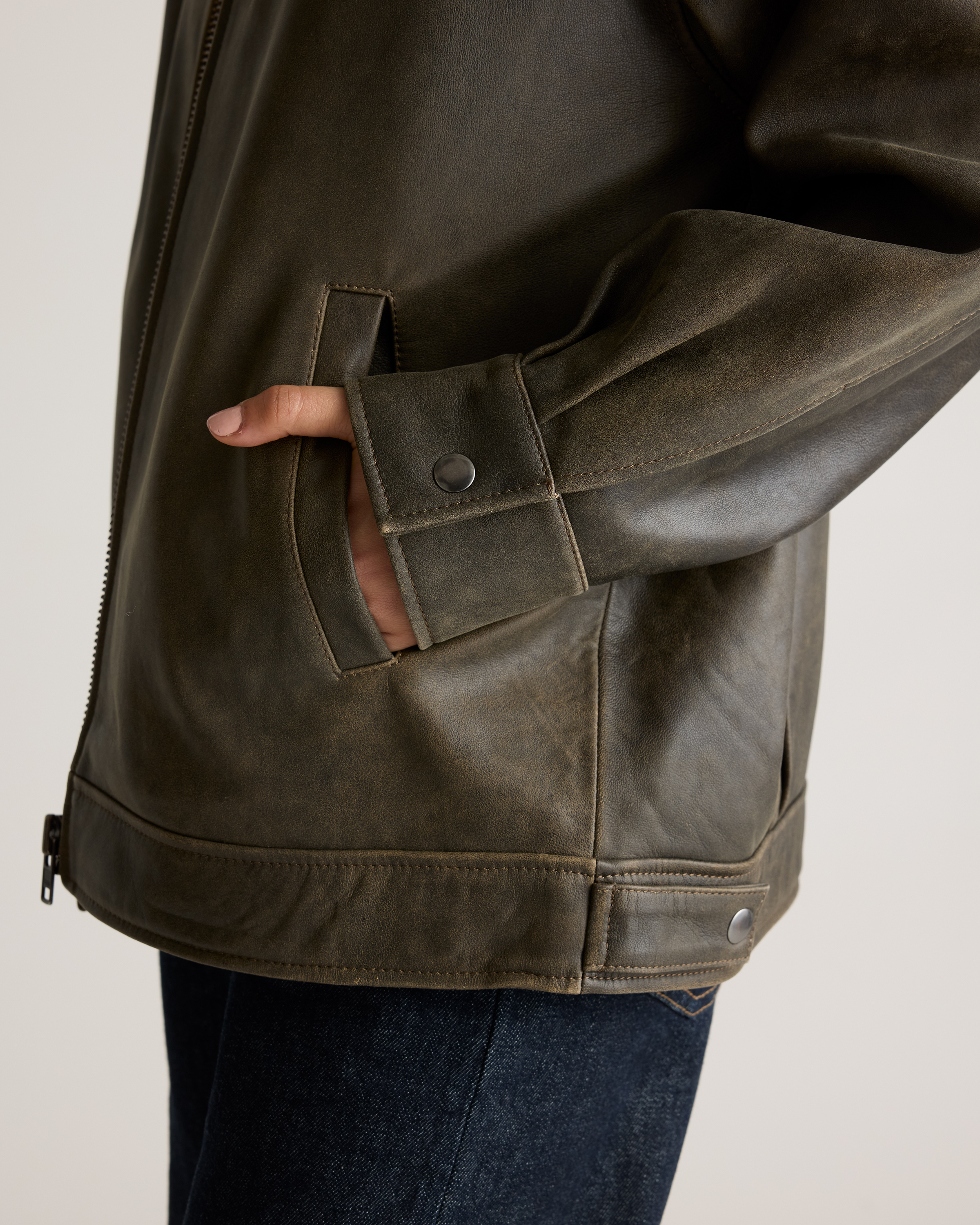 100% Leather Oversized Bomber Jacket in Distressed Brown