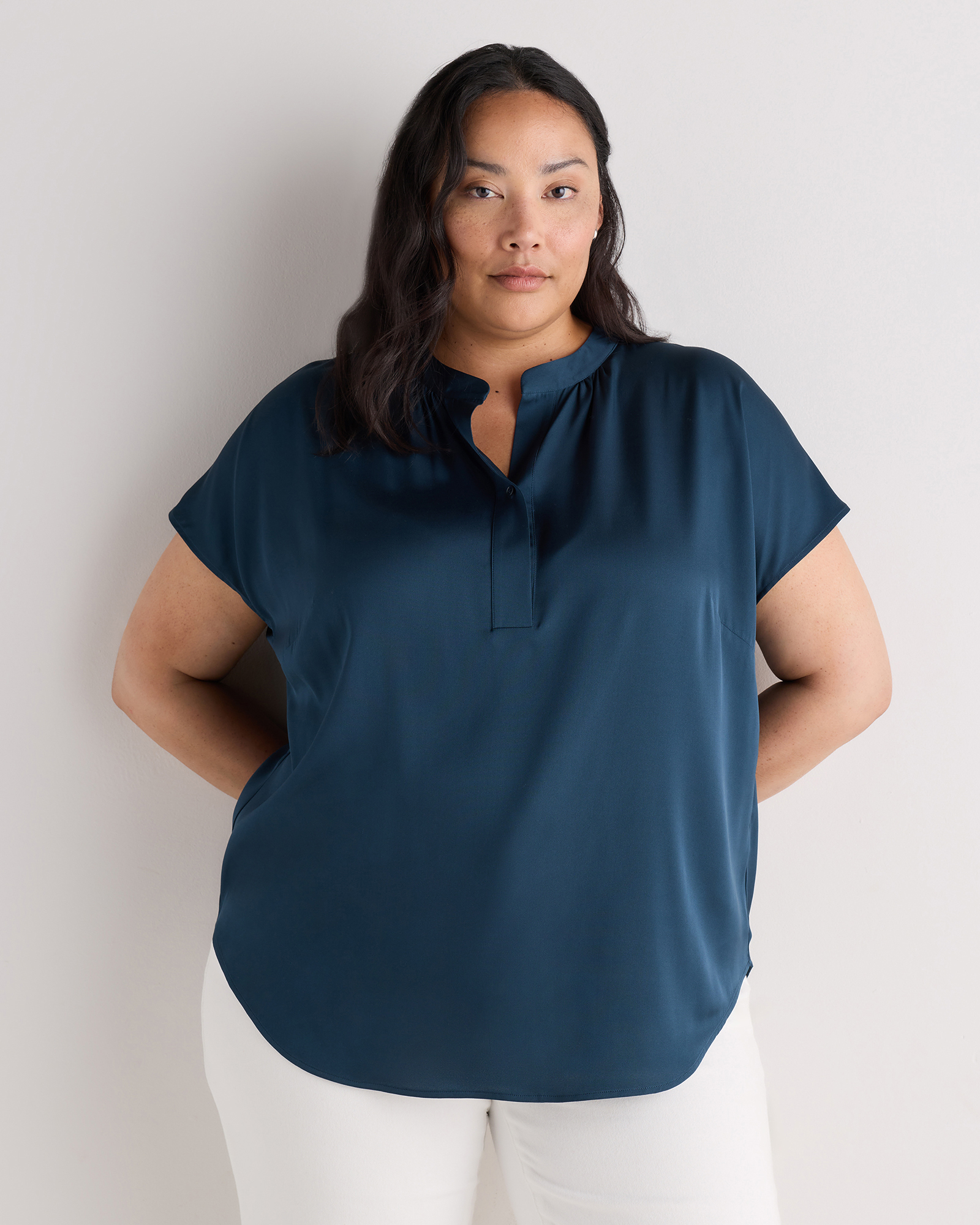 Stratus Blue Washable Stretch Silk Dolman Sleeve Blouse