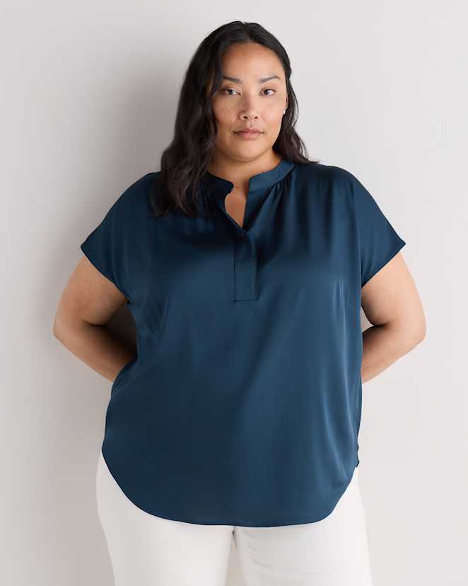 Stratus Blue Washable Stretch Silk Dolman Sleeve Blouse