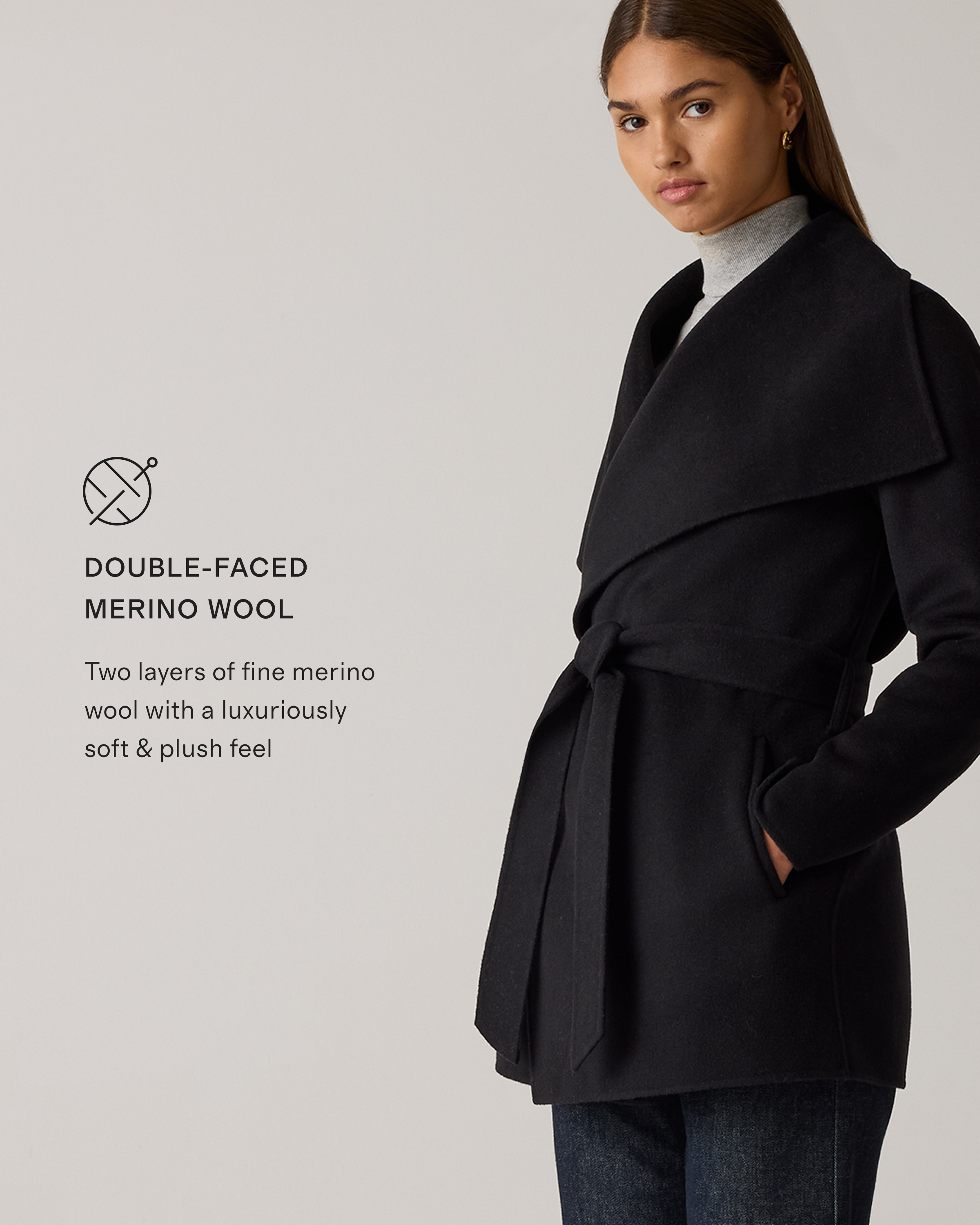 Double-Faced Merino Wool Draped Collar Short Wrap Coat in Black