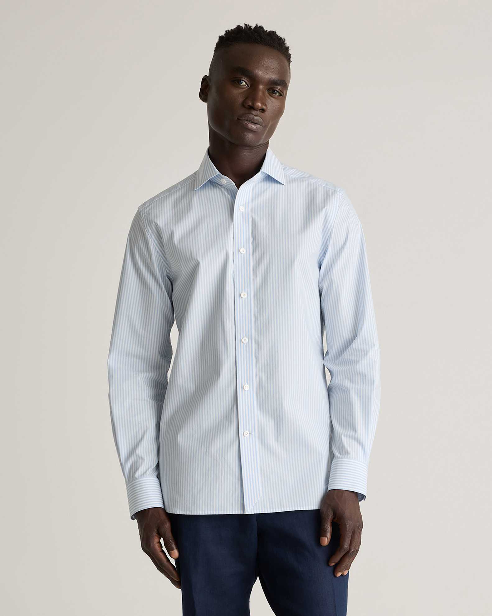 Organic Cotton Stretch Poplin Dress Shirt in Light Blue/White Stripe Organic Cotton Stretch Poplin Dress Shirt in Light Blue/White Stripe