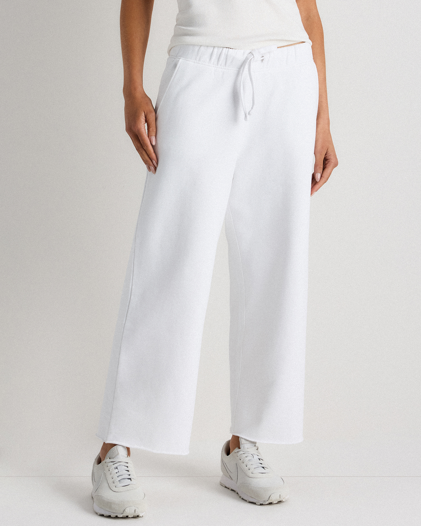 Classic White Pantalon écourté à jambes larges en jersey bouclette biologique