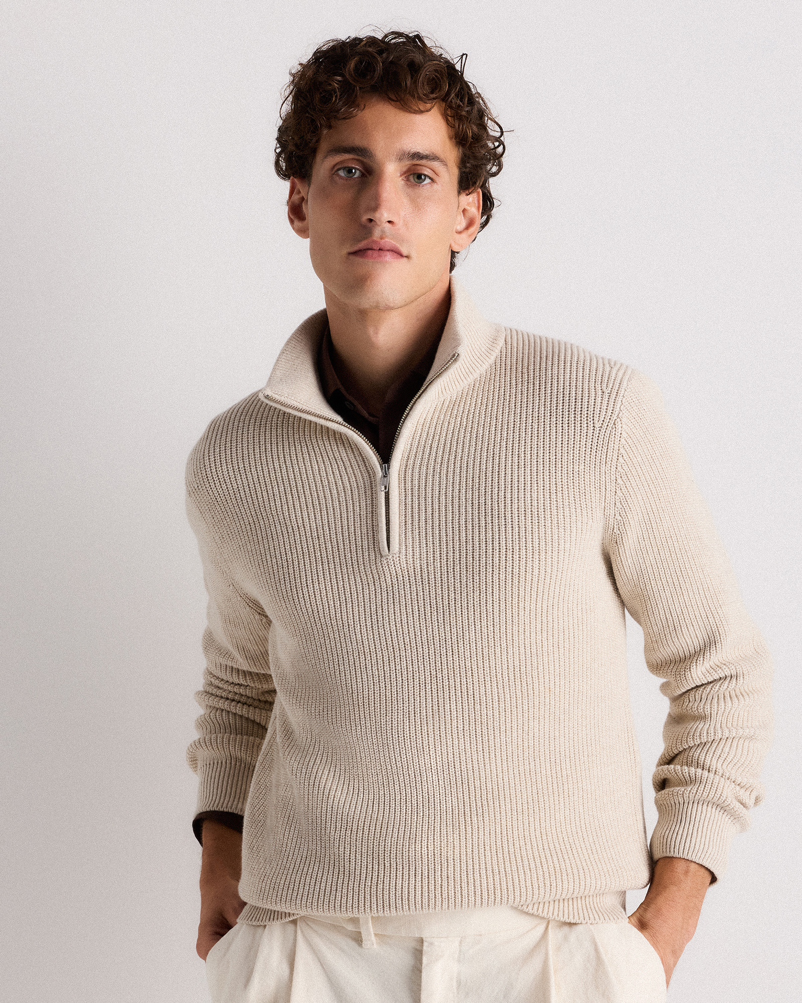 Speckled Beige 100% Organic Cotton Ribbed Quarter-Zip Sweater