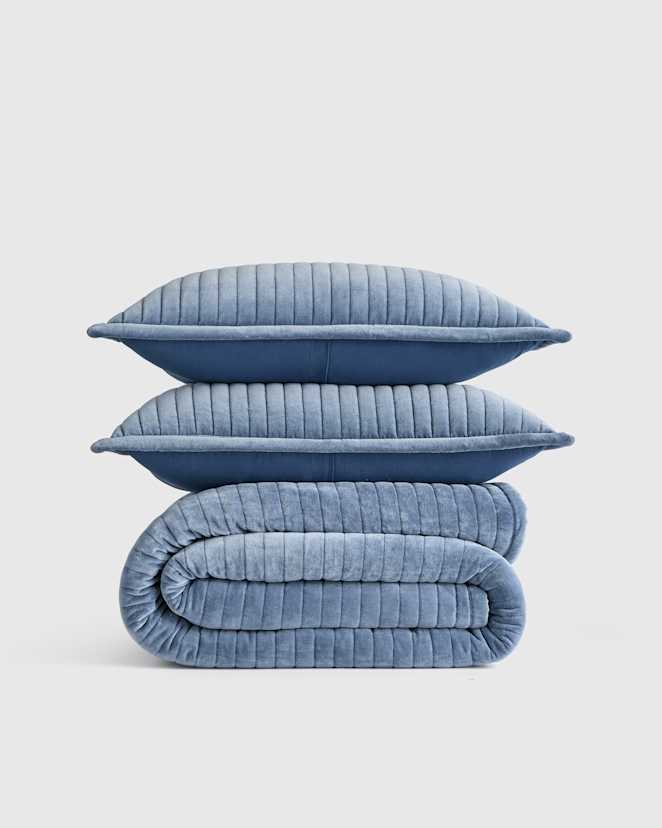 Glacier Blue Cotton Velvet Horizontal Channel Quilt Set