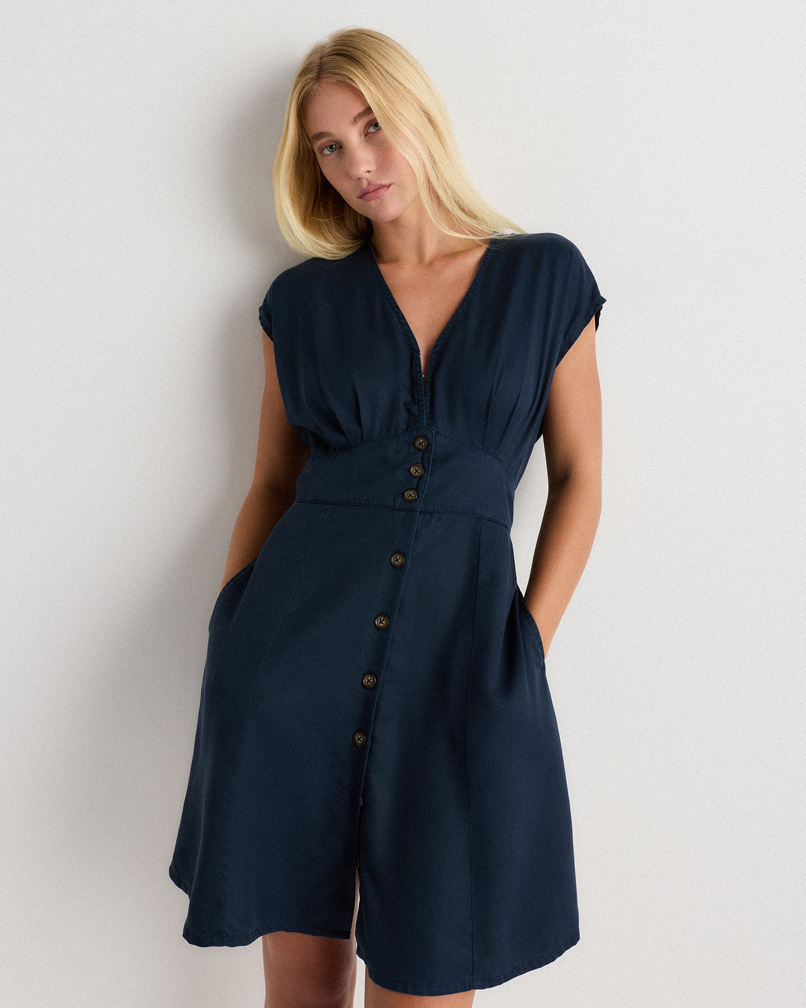 Midnight Blue Vintage Wash Tencel Button Front Dress