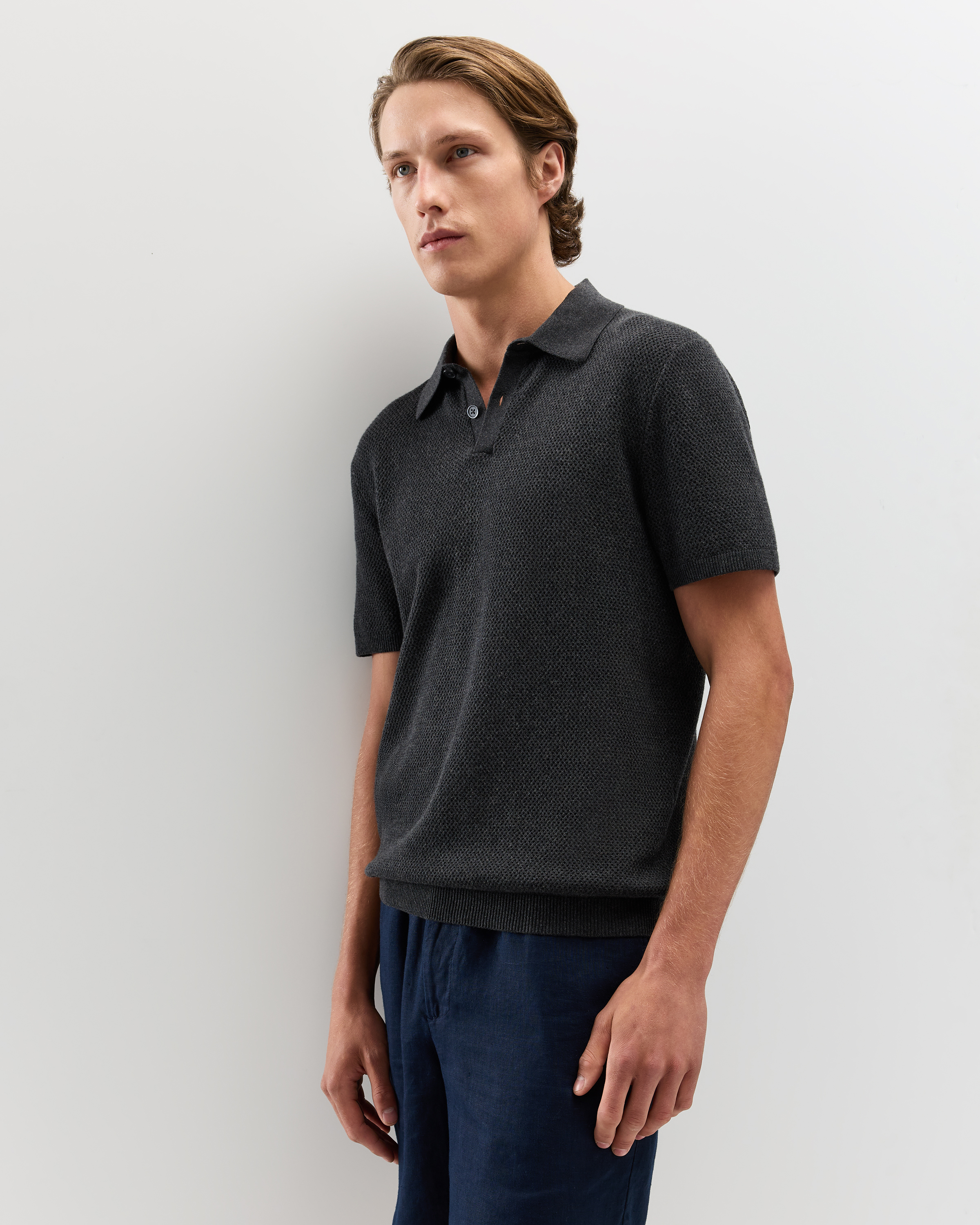 100% Organic Cotton Mesh-Stitch Sweater Polo in Charcoal