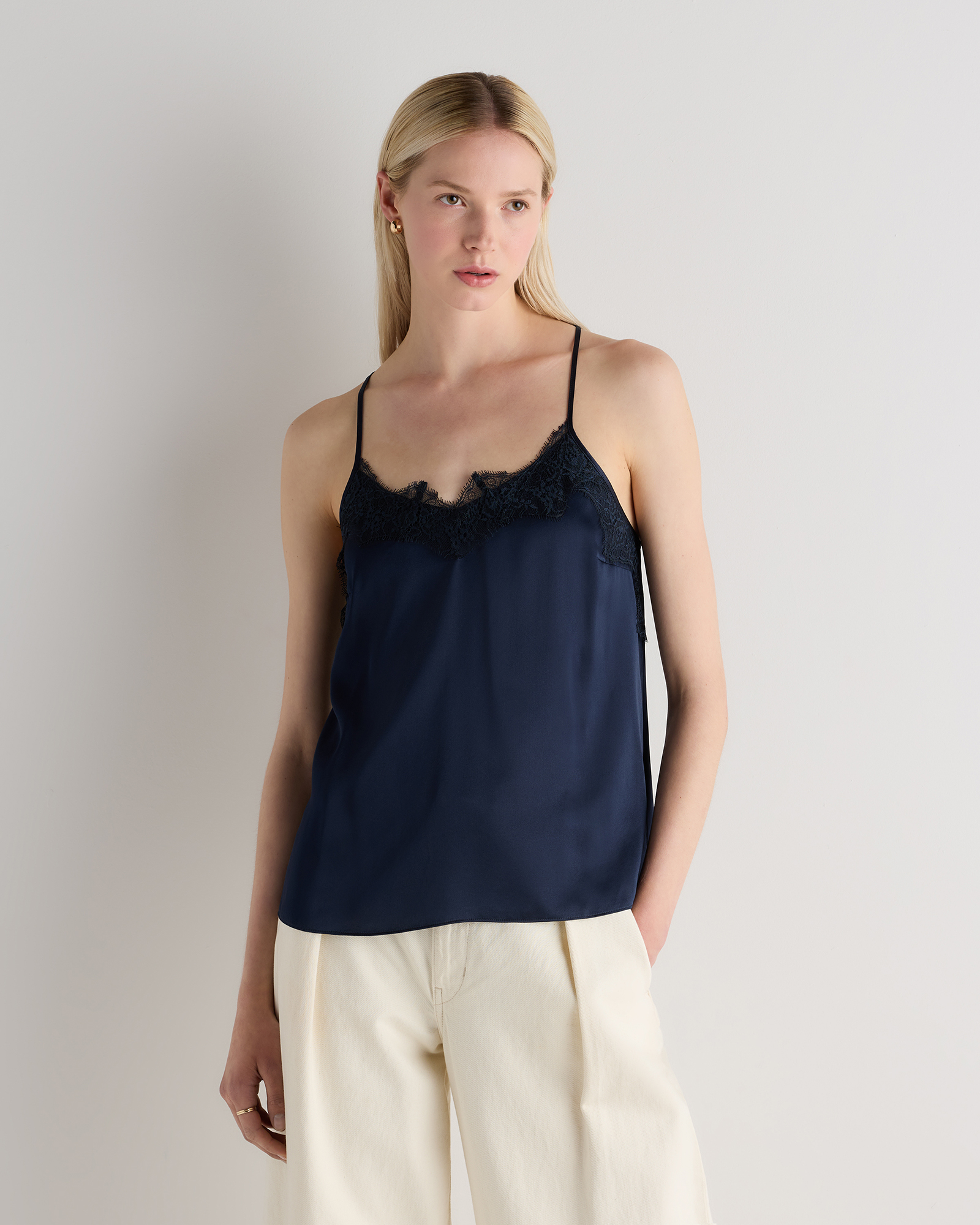 Navy 100% Washable Silk Lace Cami