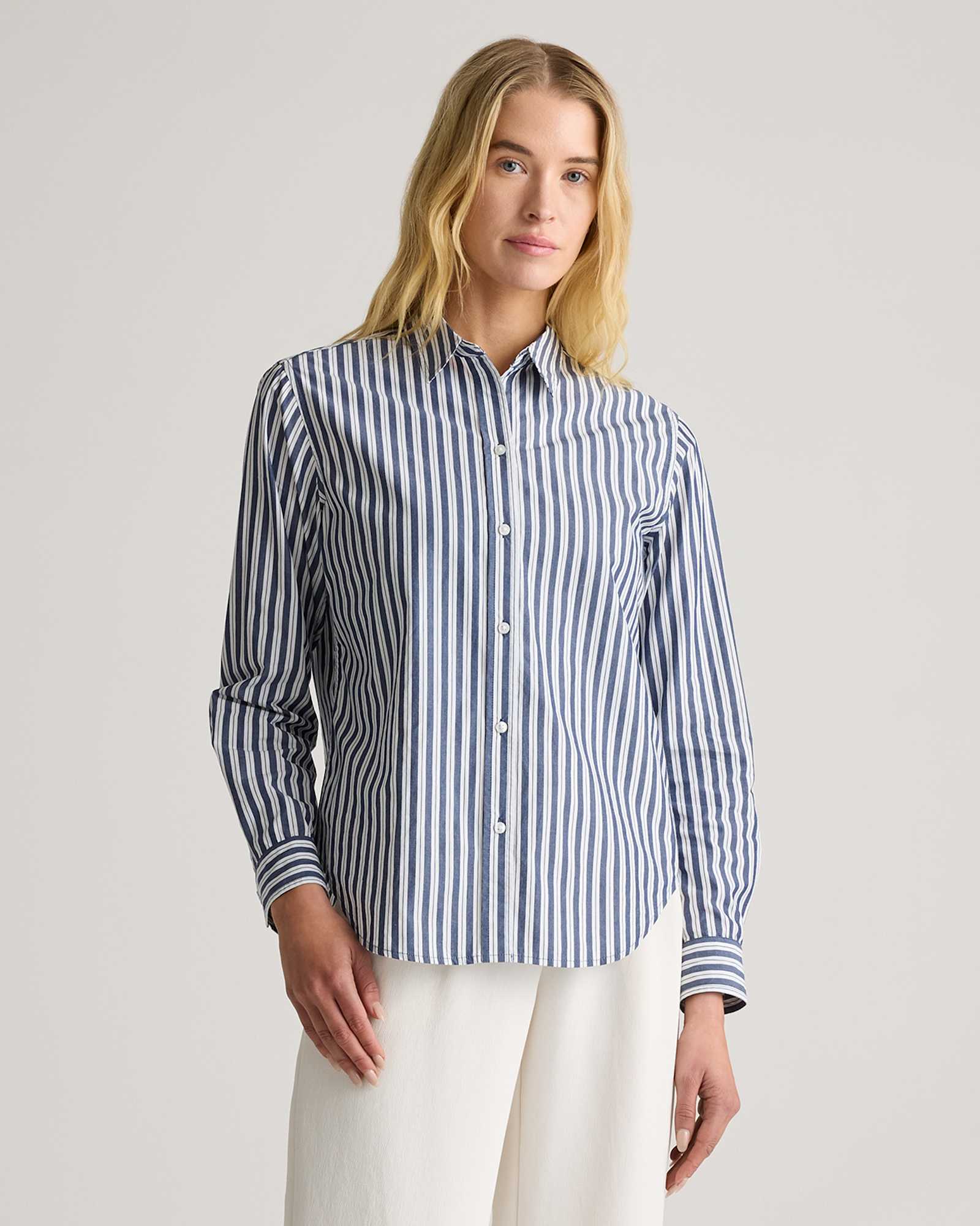 Striped blue and white button down from Quince