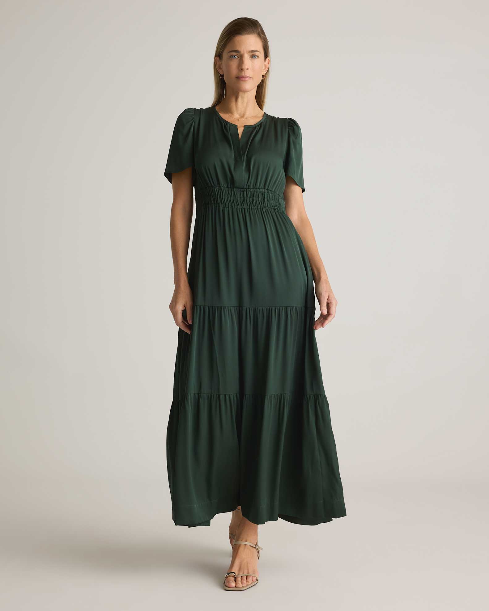 Women's Washable Stretch Silk Tiered Maxi Dress in Forest Green, Size XS by Quince Women's Washable Stretch Silk Tiered Maxi Dress in Forest Green, Size XS by Quince