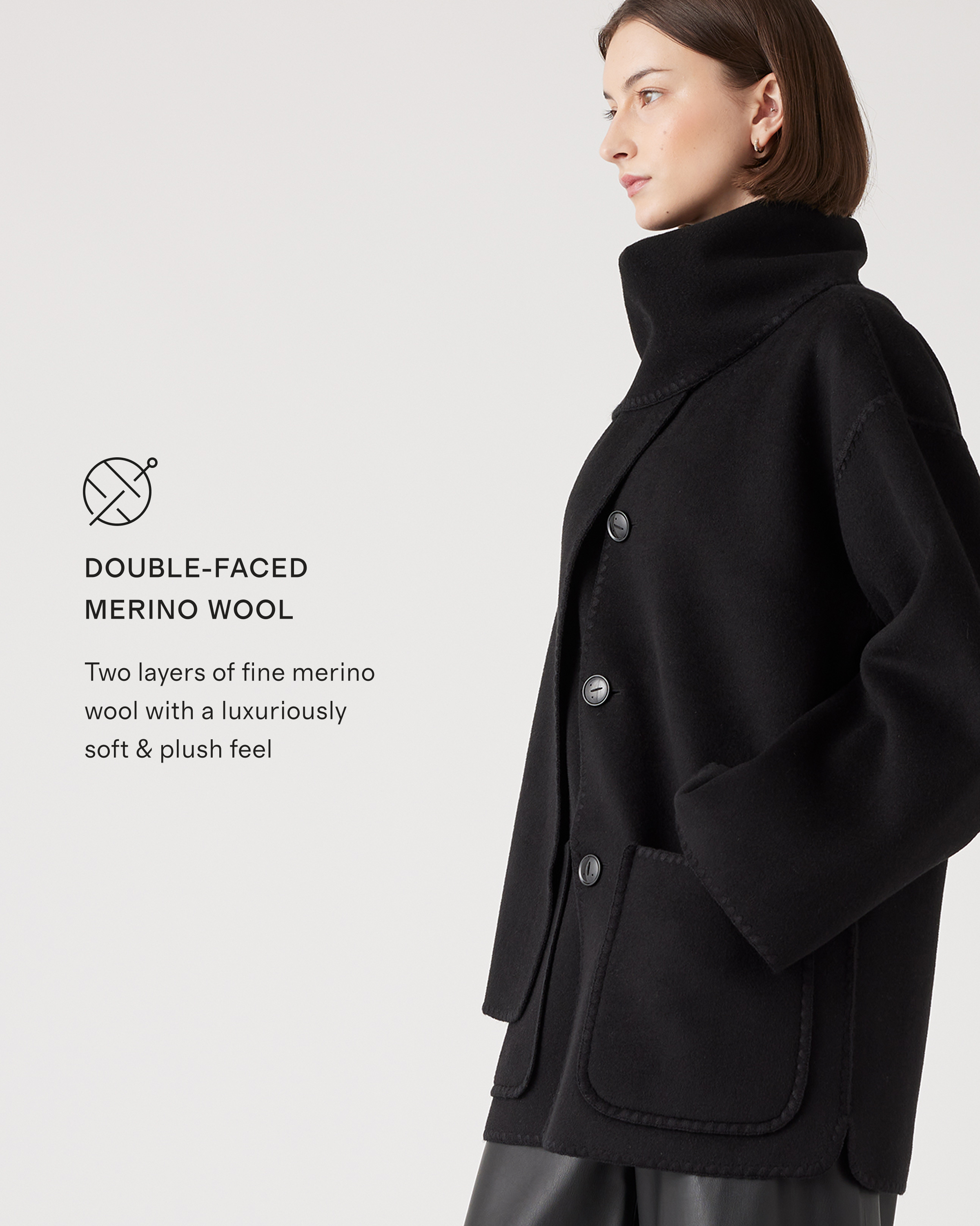 Double-Faced Merino Wool Scarf Coat in Black