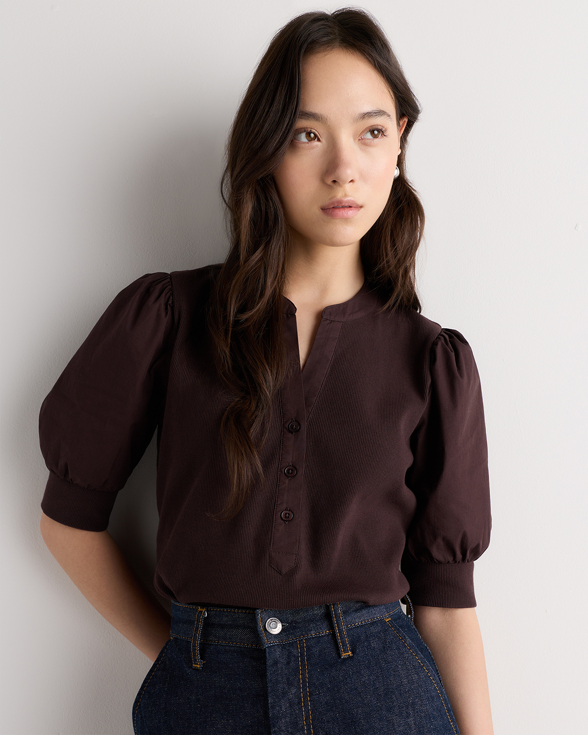 Cotton Mixed Media Puff Sleeve Top