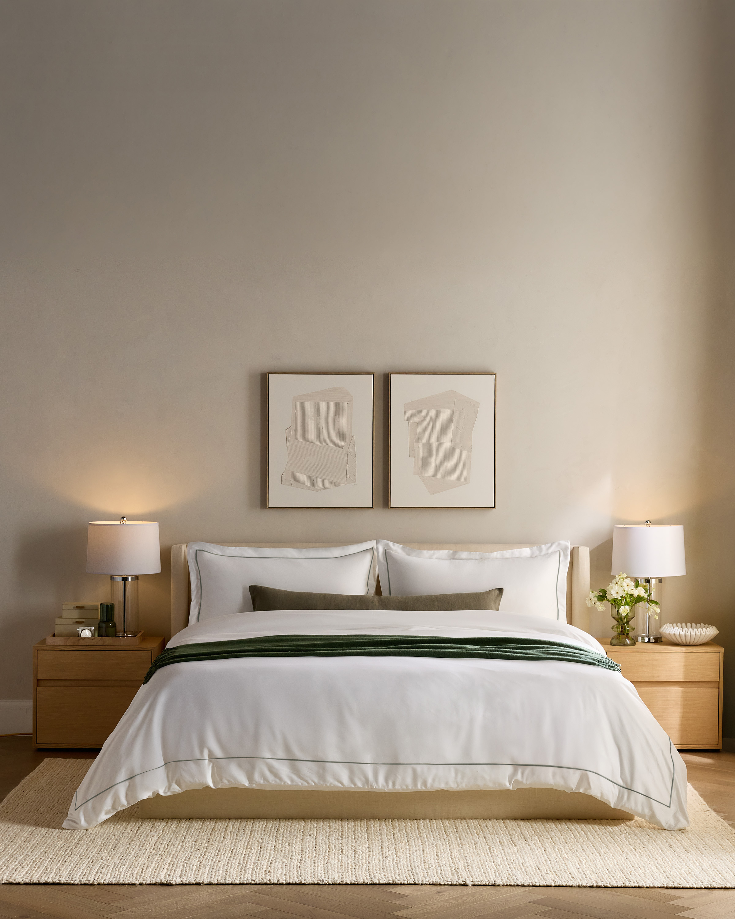 White/Dried Sage Signature Giza Cotton Sateen Embroidered Duvet Cover Set