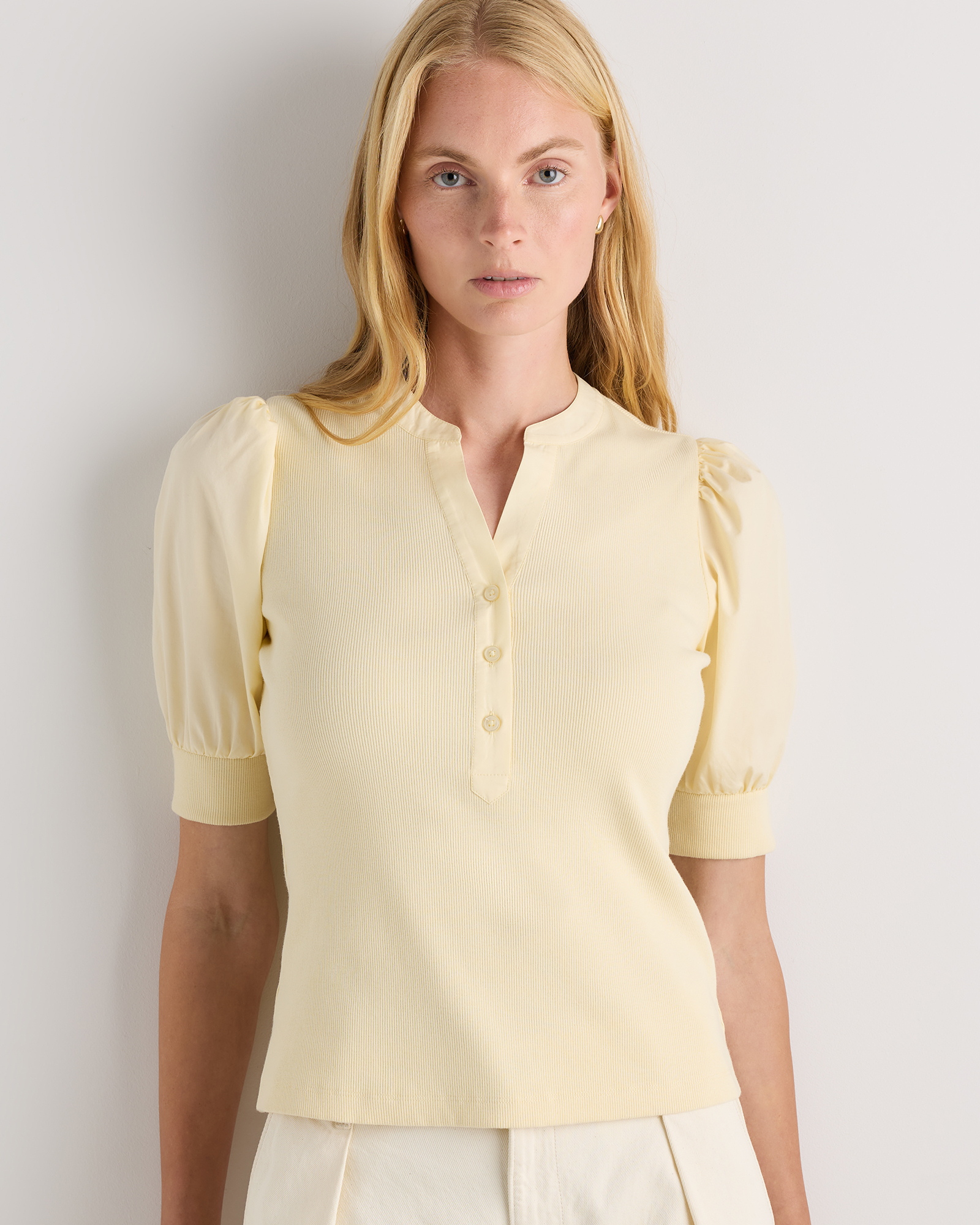 Pale Custard Yellow Cotton Mixed Media Puff Sleeve Top